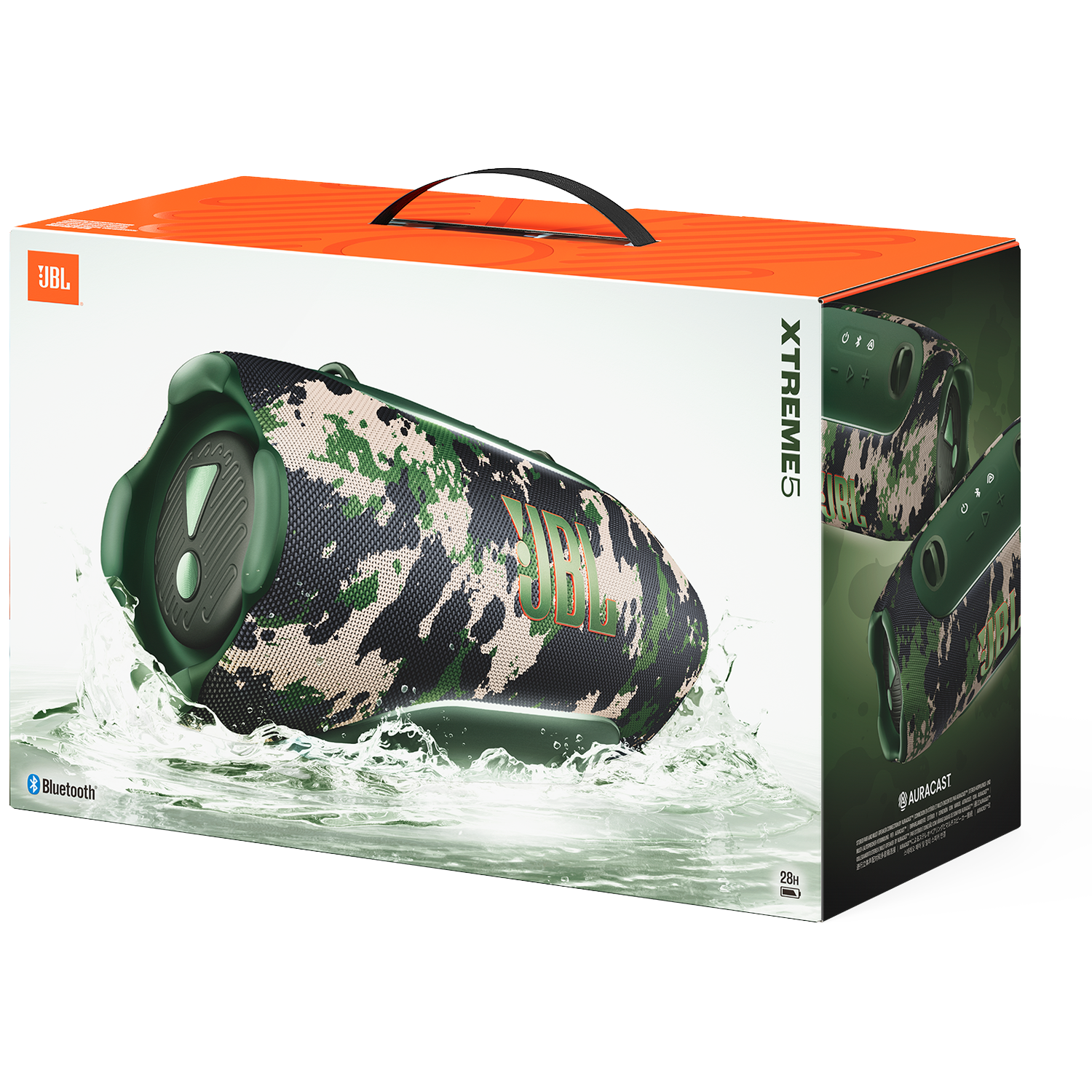 JBL Xtreme 5 luidspreker in camouflagepatroon zinkt in water.