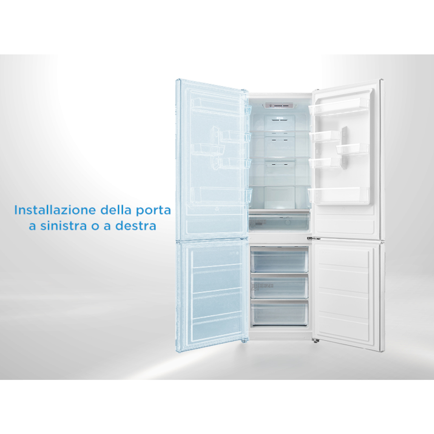 Un frigorifero aperto con più ripiani e scomparti nella porta.