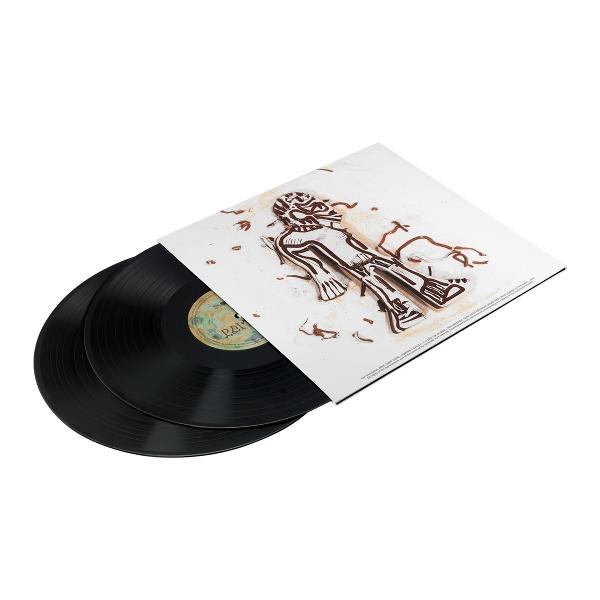 Zwei schwarze Schallplatten, eine in einer Hülle mit einer Zeichnung einer Figur.