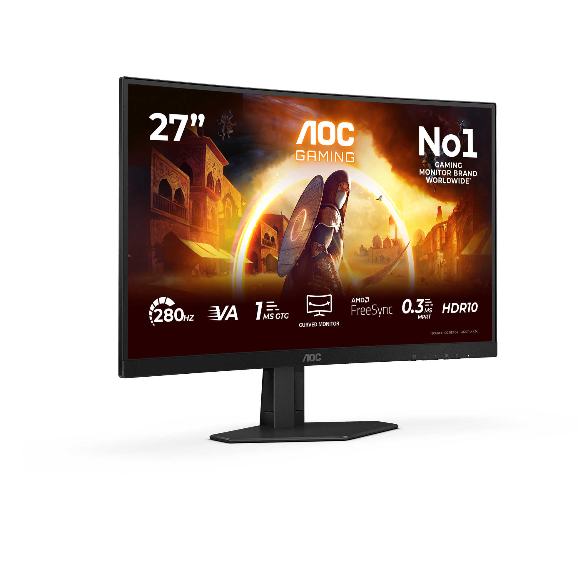 Monitor curvo gaming AOC de 27 pulgadas con gráficos estilo árabe, marca N.º 1.