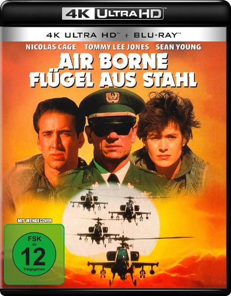 Filmplakat: Nicolas Cage, Tommy Lee Jones, Sean Young. Helikopterstaffel im Sonnenuntergang.