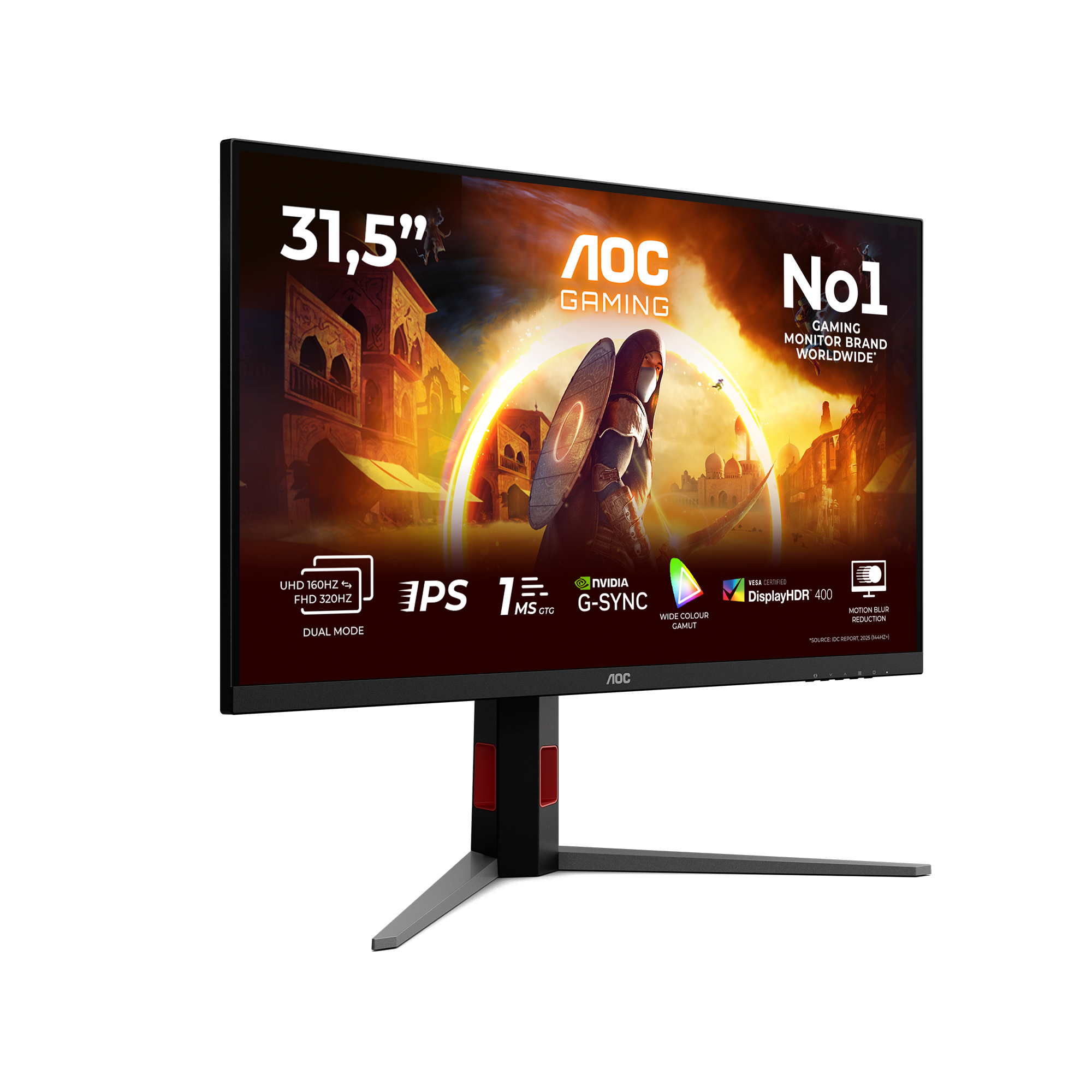 Monitor gaming AOC de 31.5" con arte de juego, especificaciones como 160Hz, 1ms, G-Sync, HDR400.