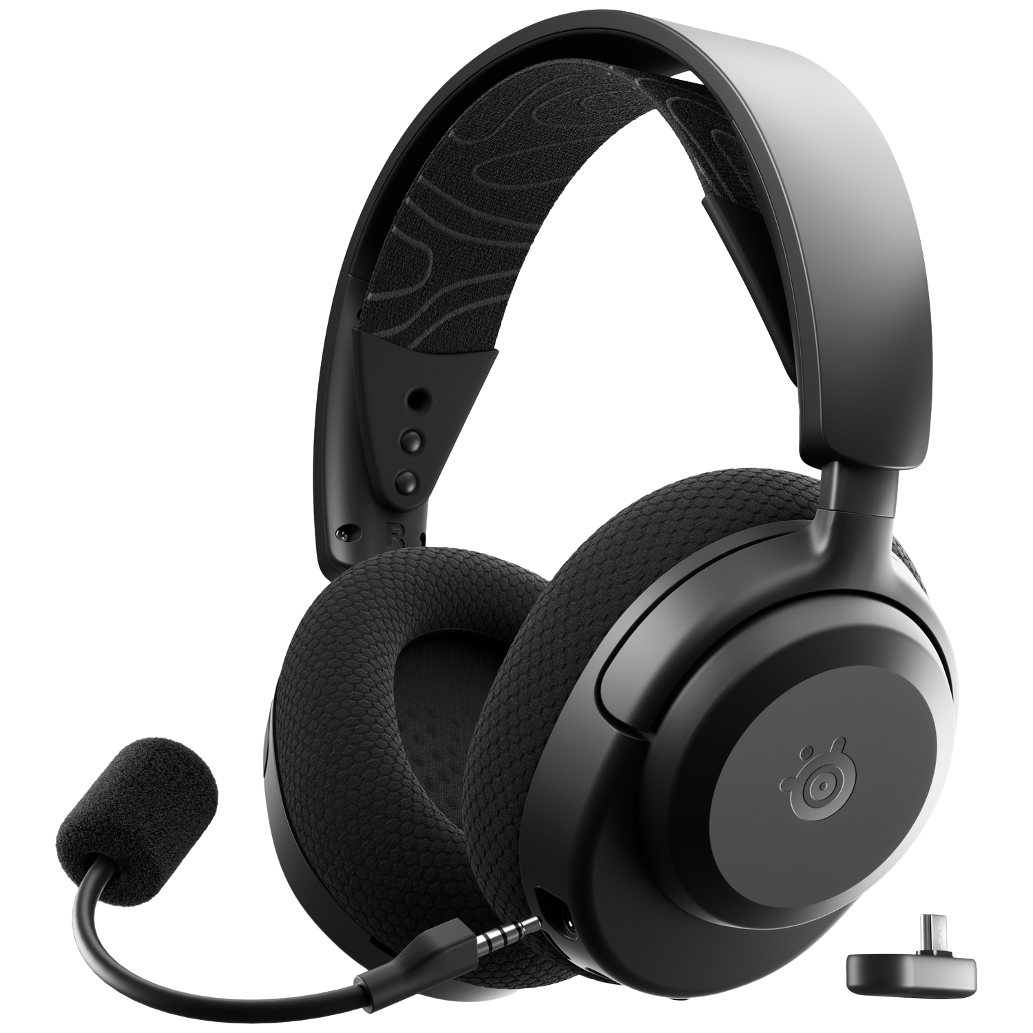 Casque noir avec microphone et arceau réglable sur fond blanc.