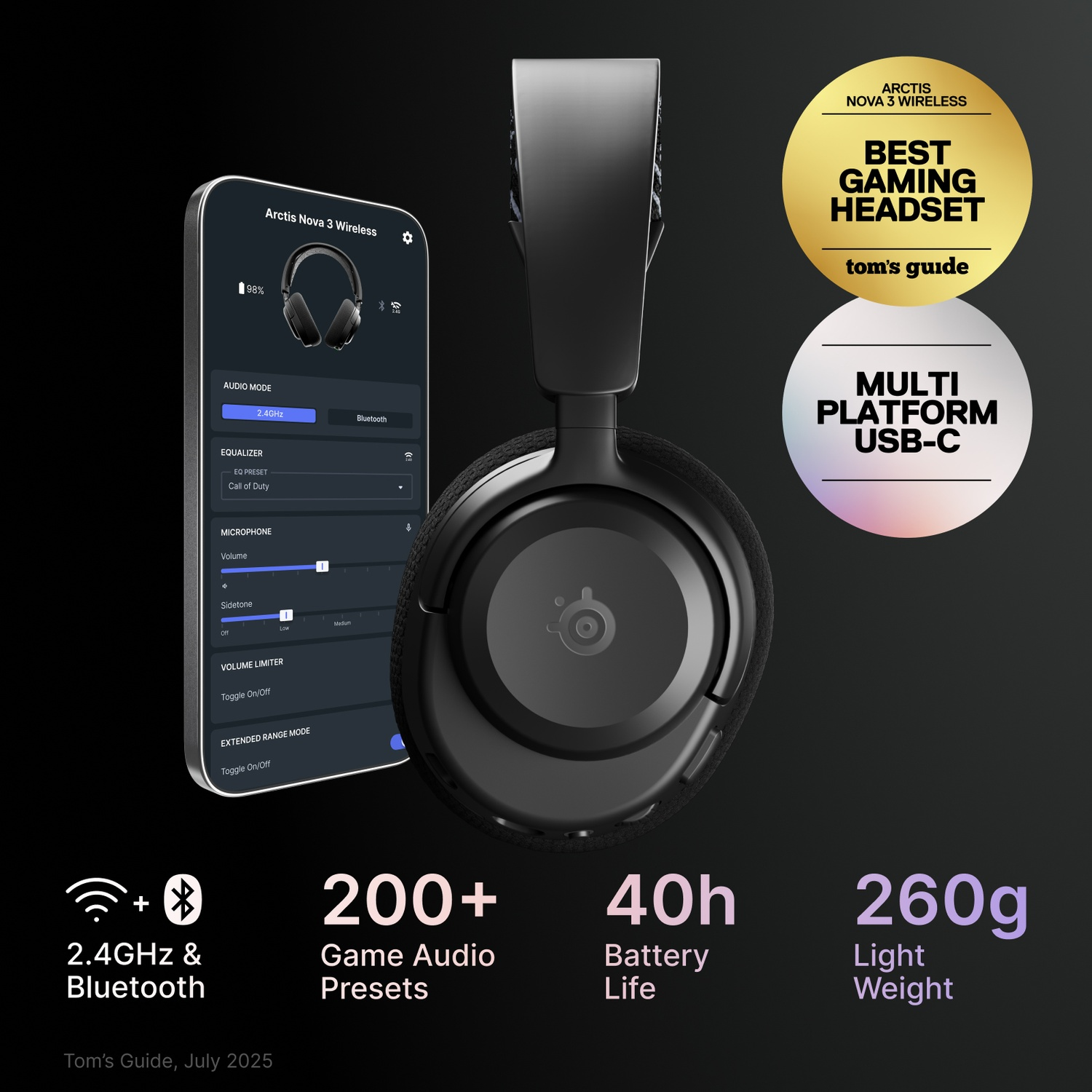 Casque gaming noir avec vue app smartphone, 200+ presets, 40h batterie, 260g.