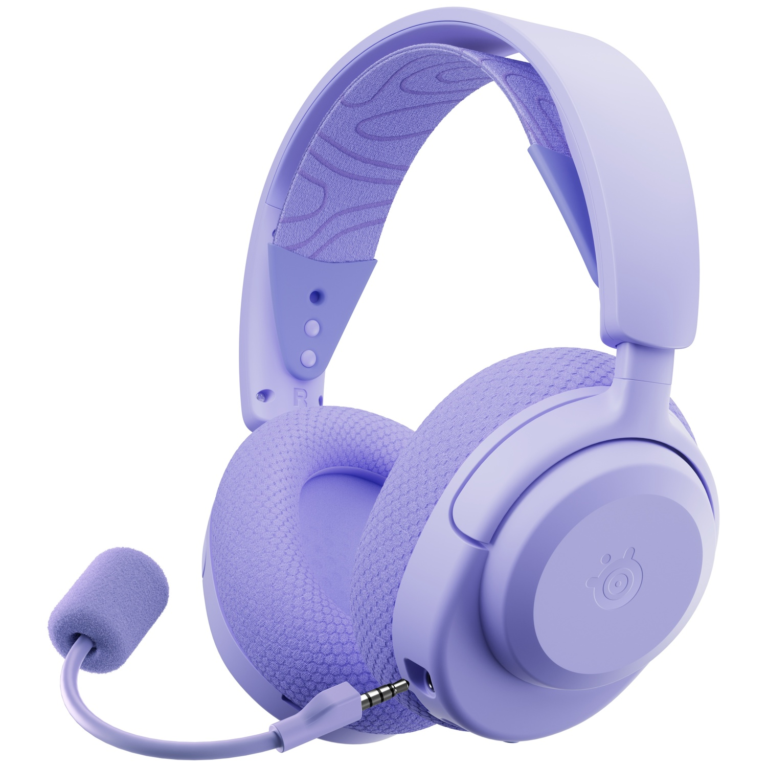 Casque de jeu lavande avec microphone et oreillettes rembourrées.