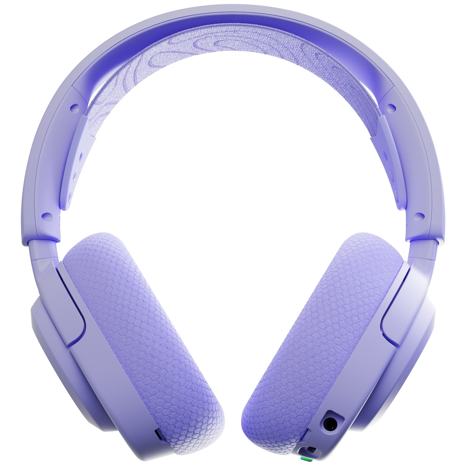 Casque violet avec coussinets en tissu et bandeau rembourré.