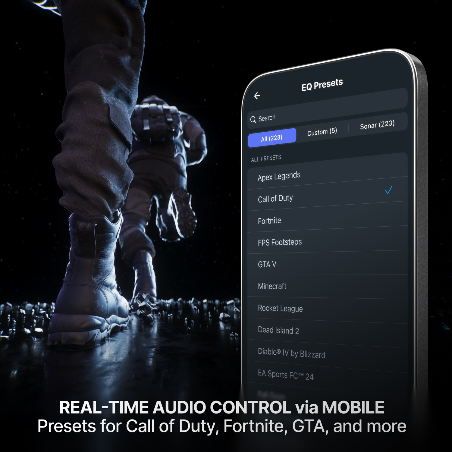 Un smartphone affiche des préréglages d'égalisation pour des jeux.