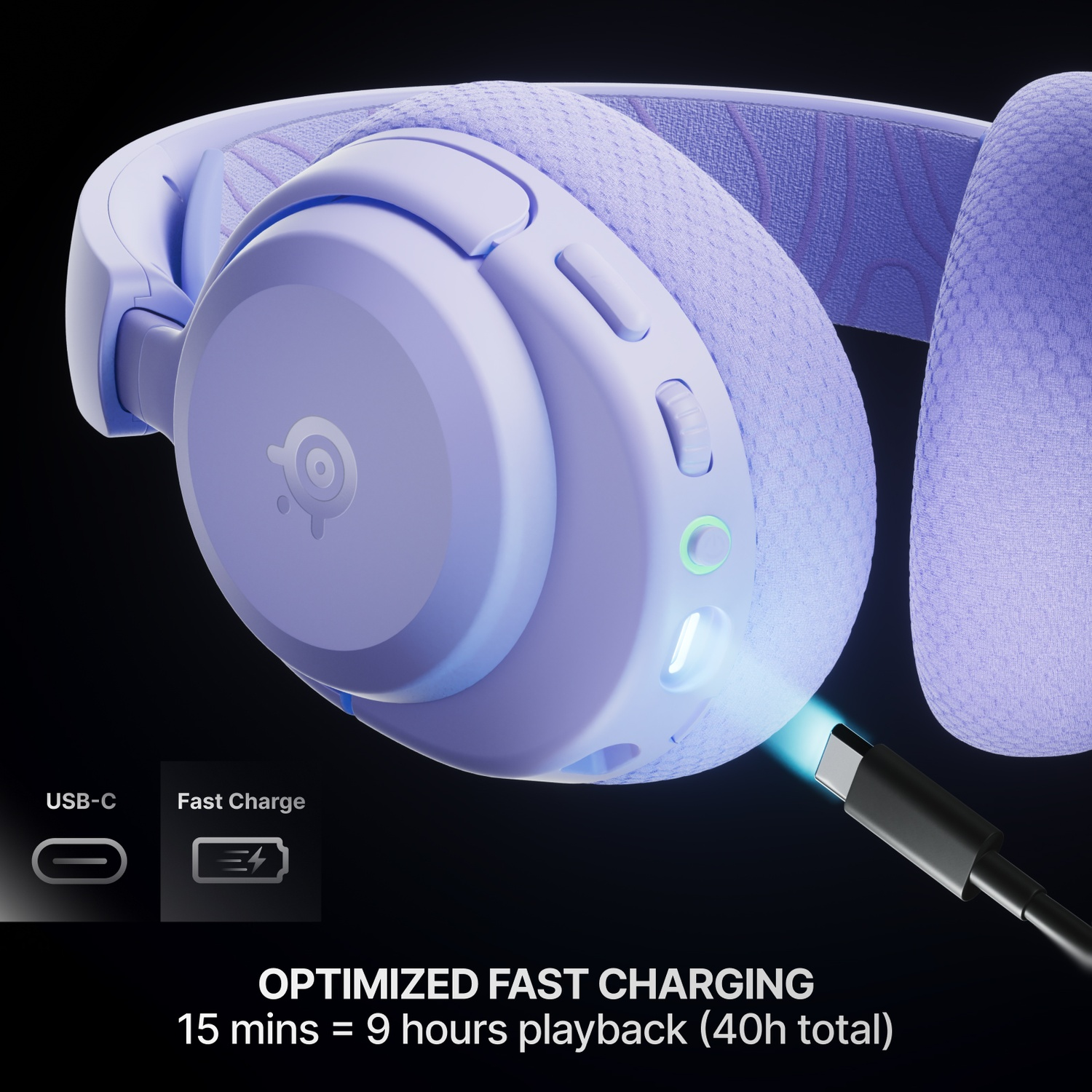 Casque violet se recharge rapidement via USB-C. Texte : 15 min = 9h d'écoute.