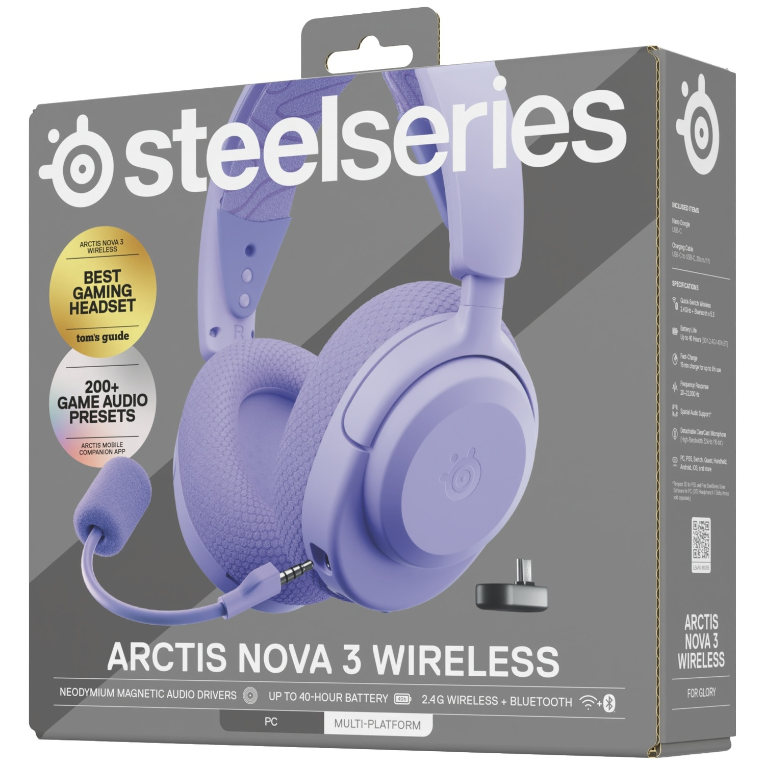 Emballage de casque sans fil SteelSeries Arctis Nova 3 lilas avec microphone.