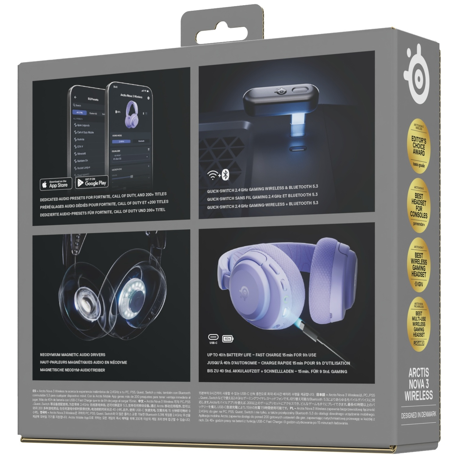 Emballage d'un casque SteelSeries Arctis Nova 3 Wireless, montrant des images du produit et des récompenses.