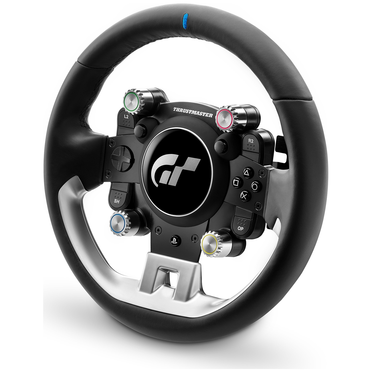 A black racing wheel with silver accents and various buttons. GT logo visible.