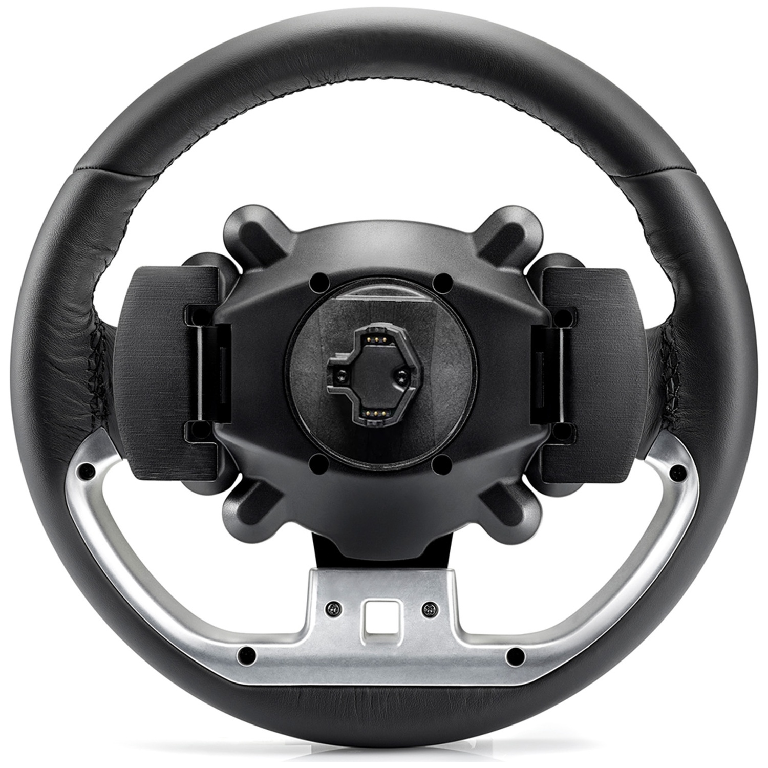 A black steering wheel with silver accents and a black central hub.