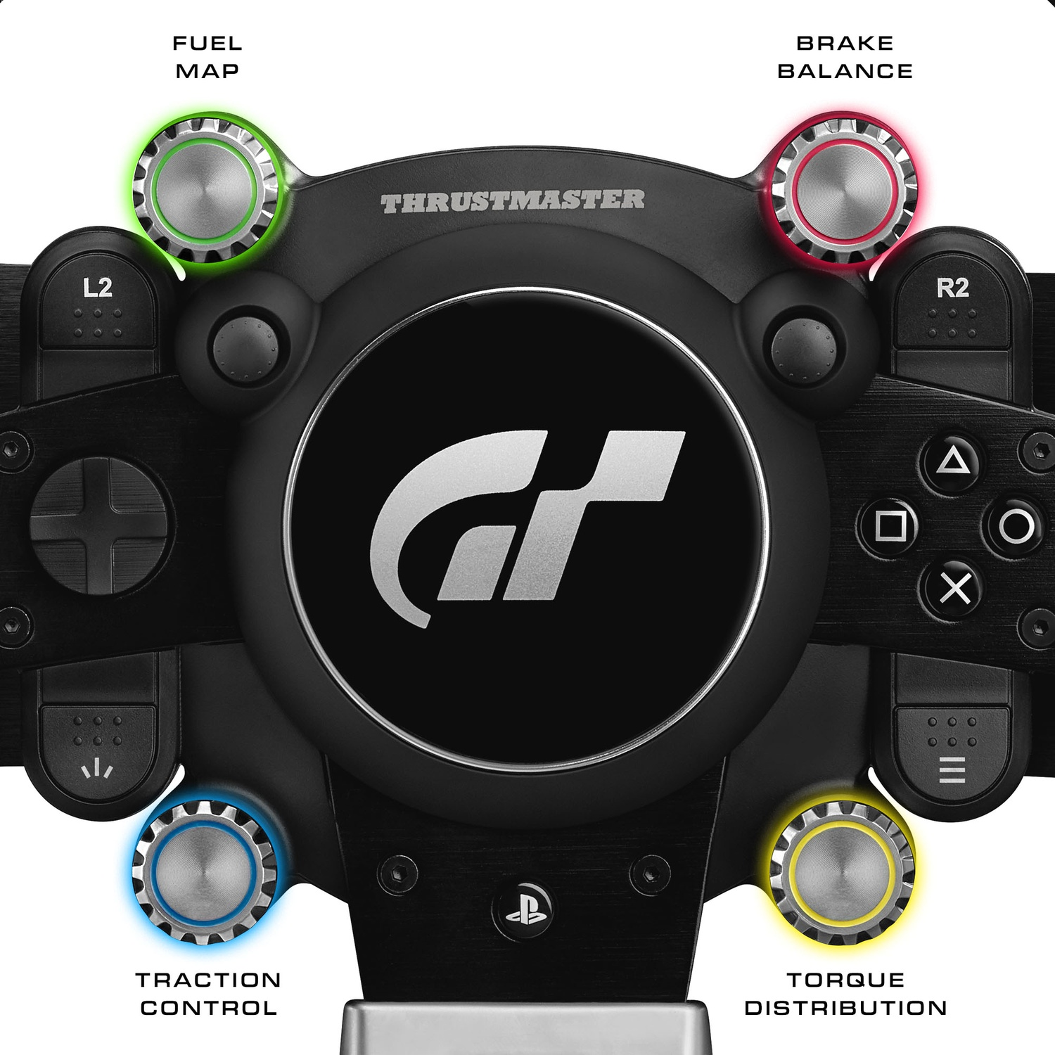 A black racing wheel with illuminated dials for fuel, brake, traction, and torque settings.