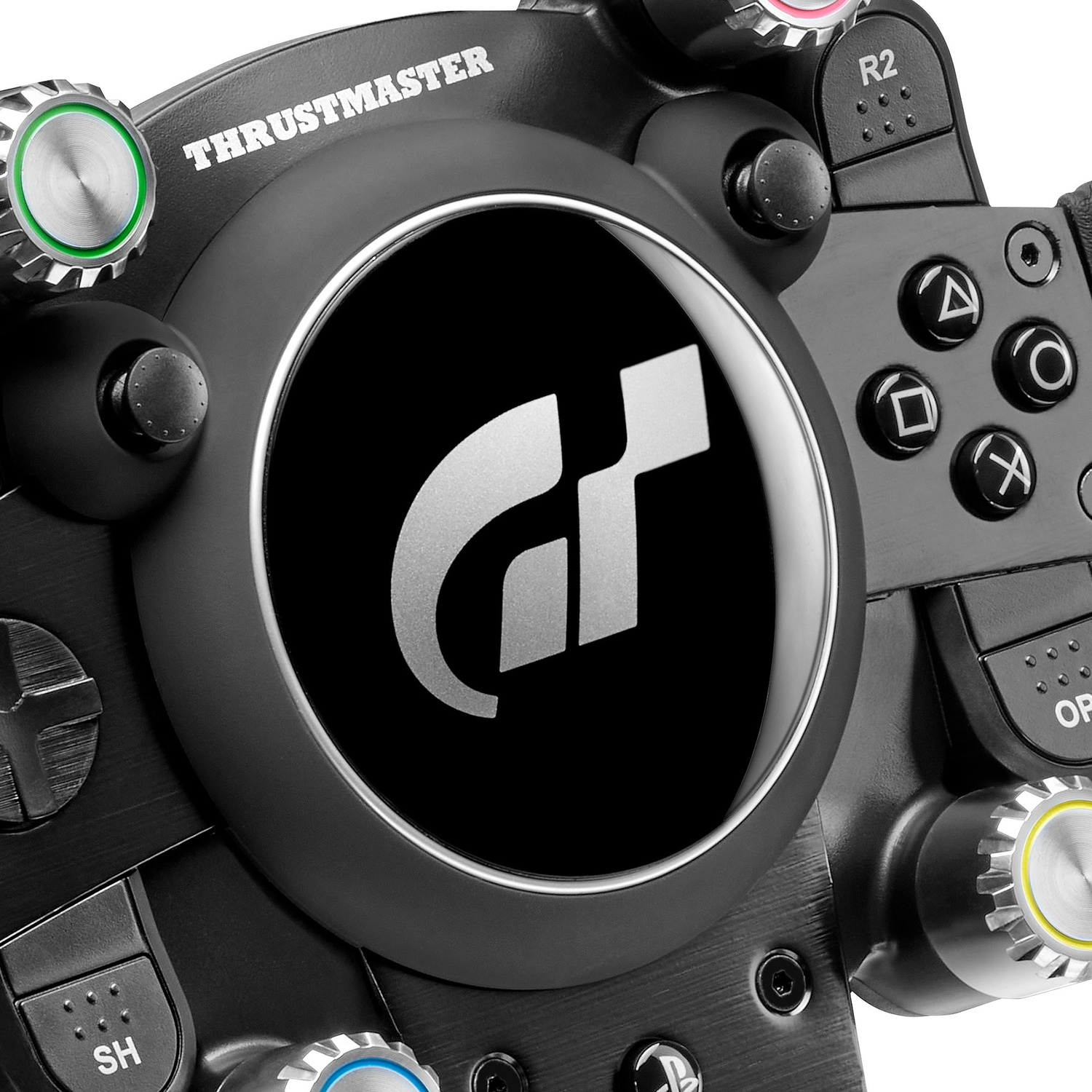 Close-up of a black Thrustmaster racing wheel with a silver GT logo.