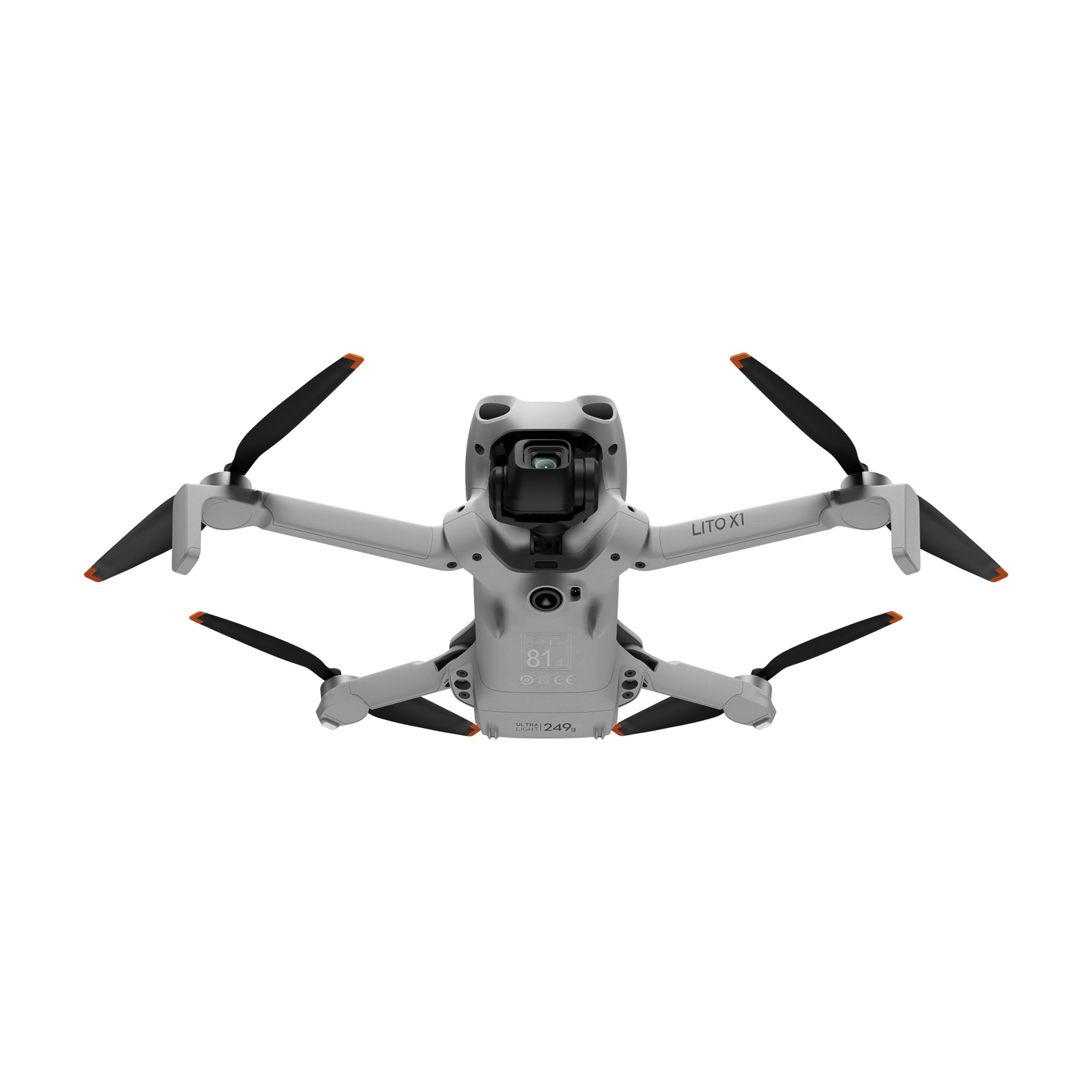 Un modello di mini drone grigio con quattro eliche e una fotocamera, isolato su sfondo bianco.