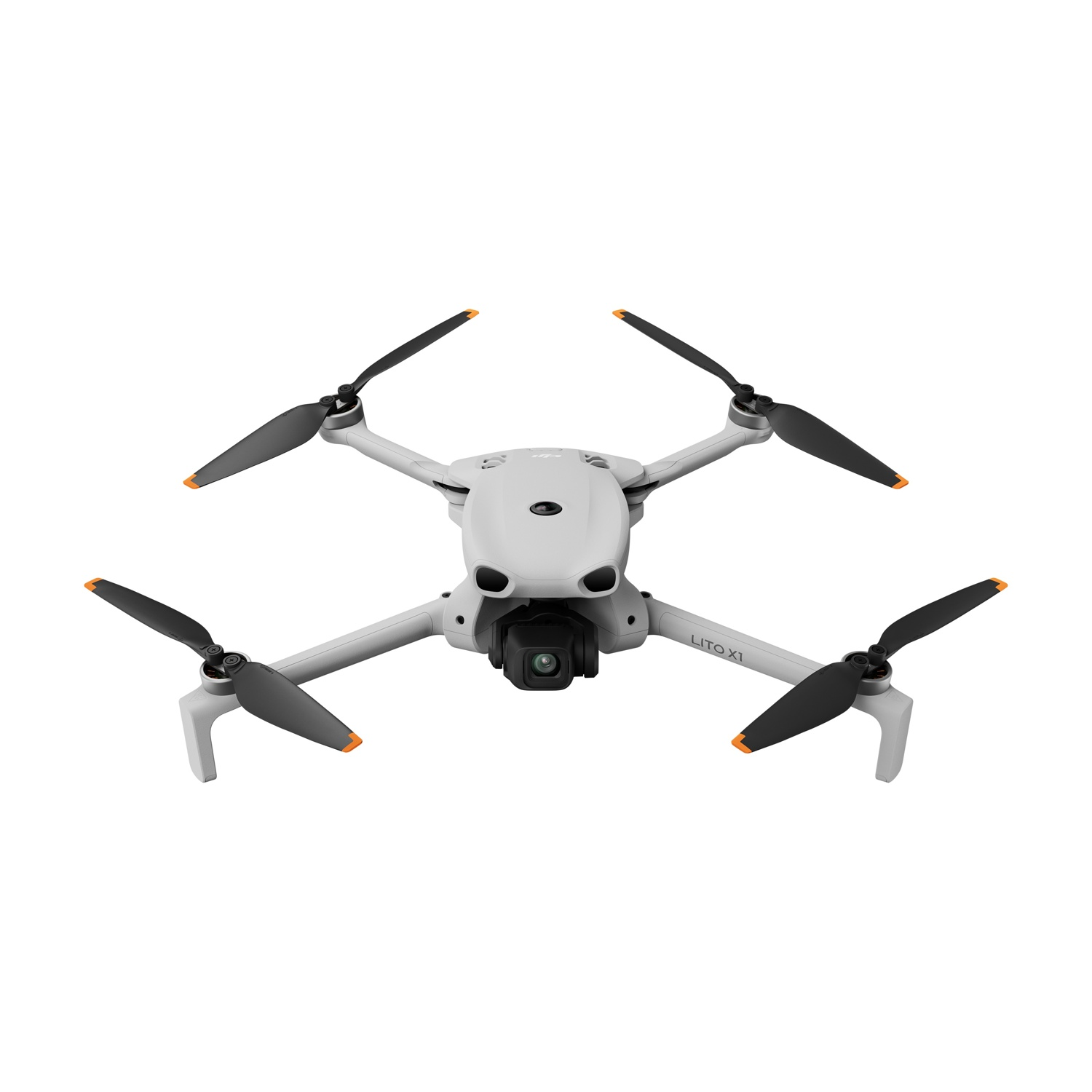 Mini-drone grigio chiaro con quattro eliche e fotocamera, isolato su bianco.
