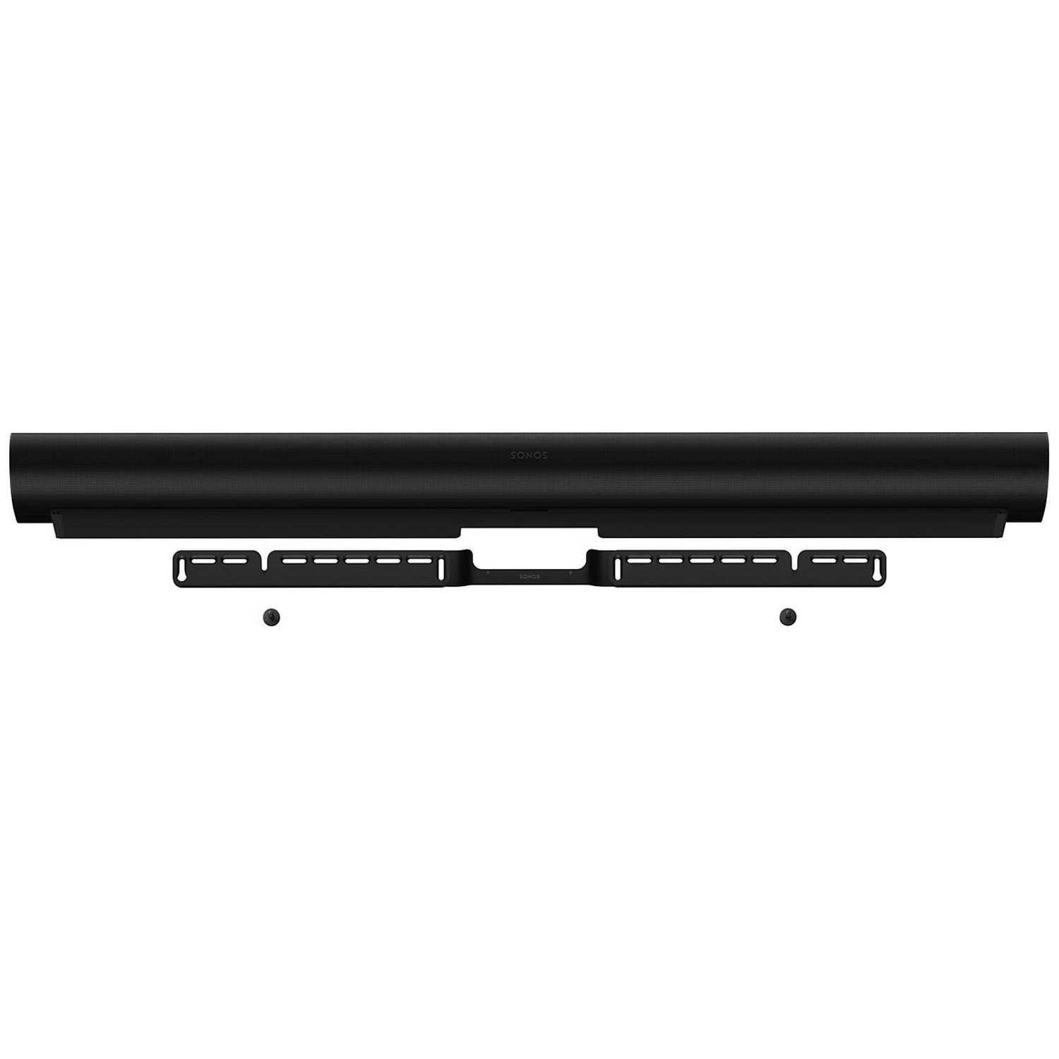 Haut-parleur Sonos noir avec support mural et vis sur fond blanc.