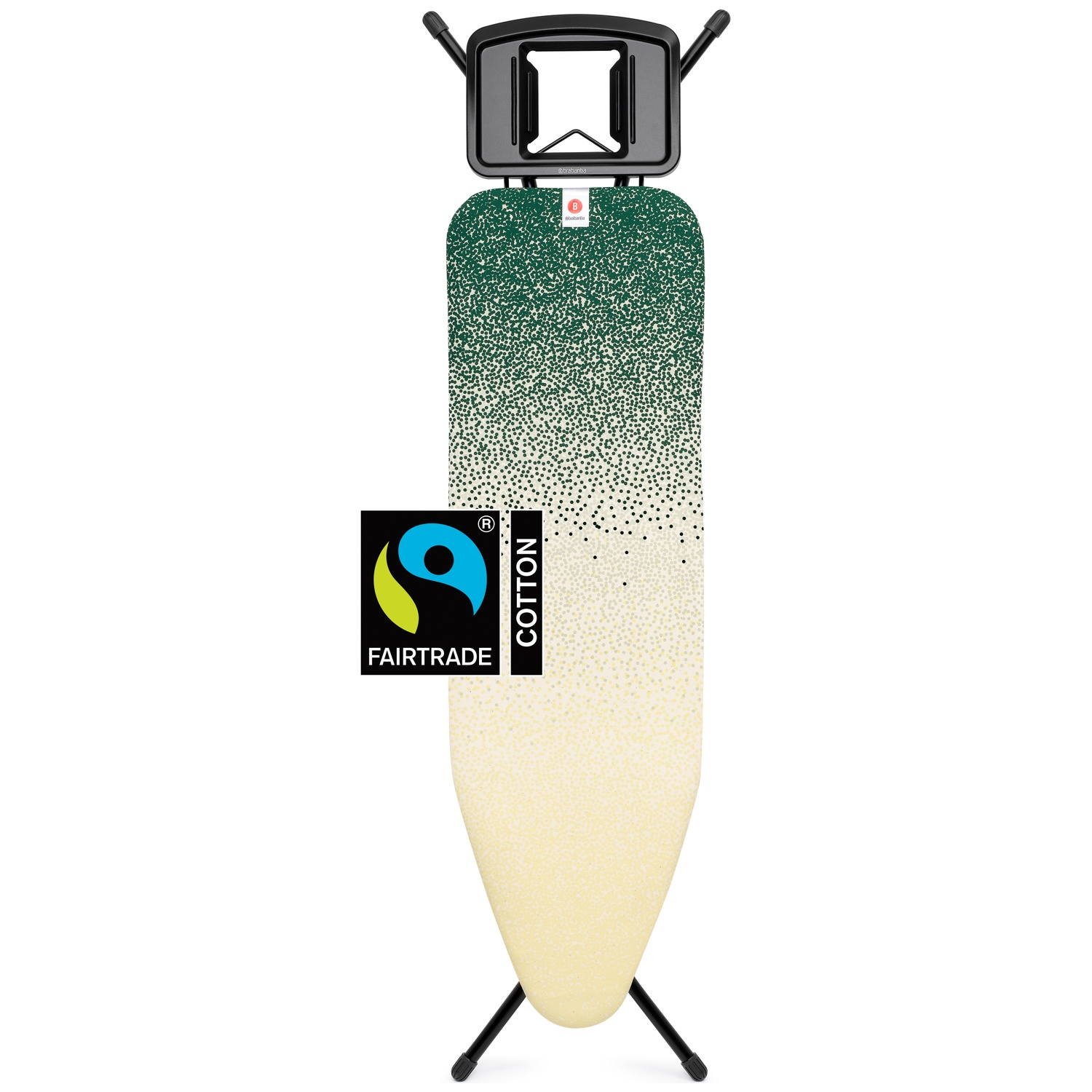 A green and cream gradient ironing board with a Fairtrade logo.