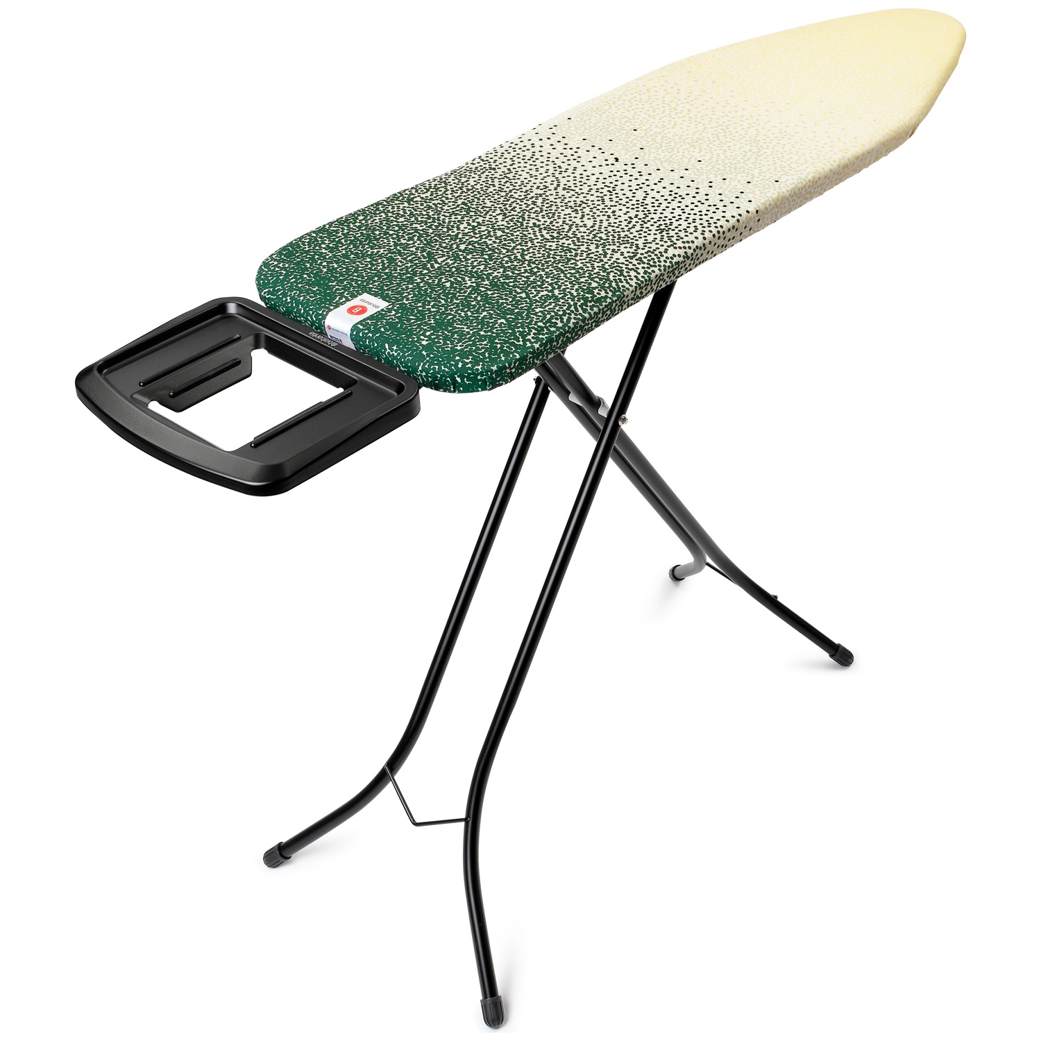 Ironing board with green-yellow patterned top and black metal legs.