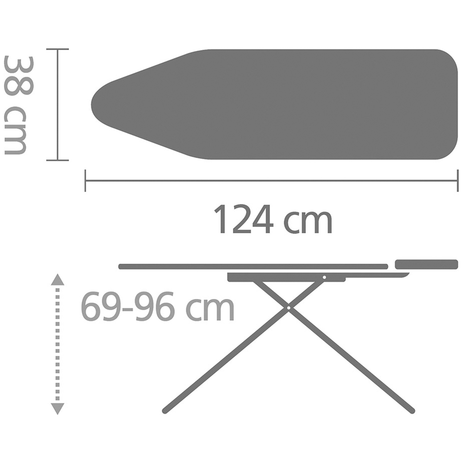 Ironing board: 124x38 cm, height adjustable 69-96 cm.