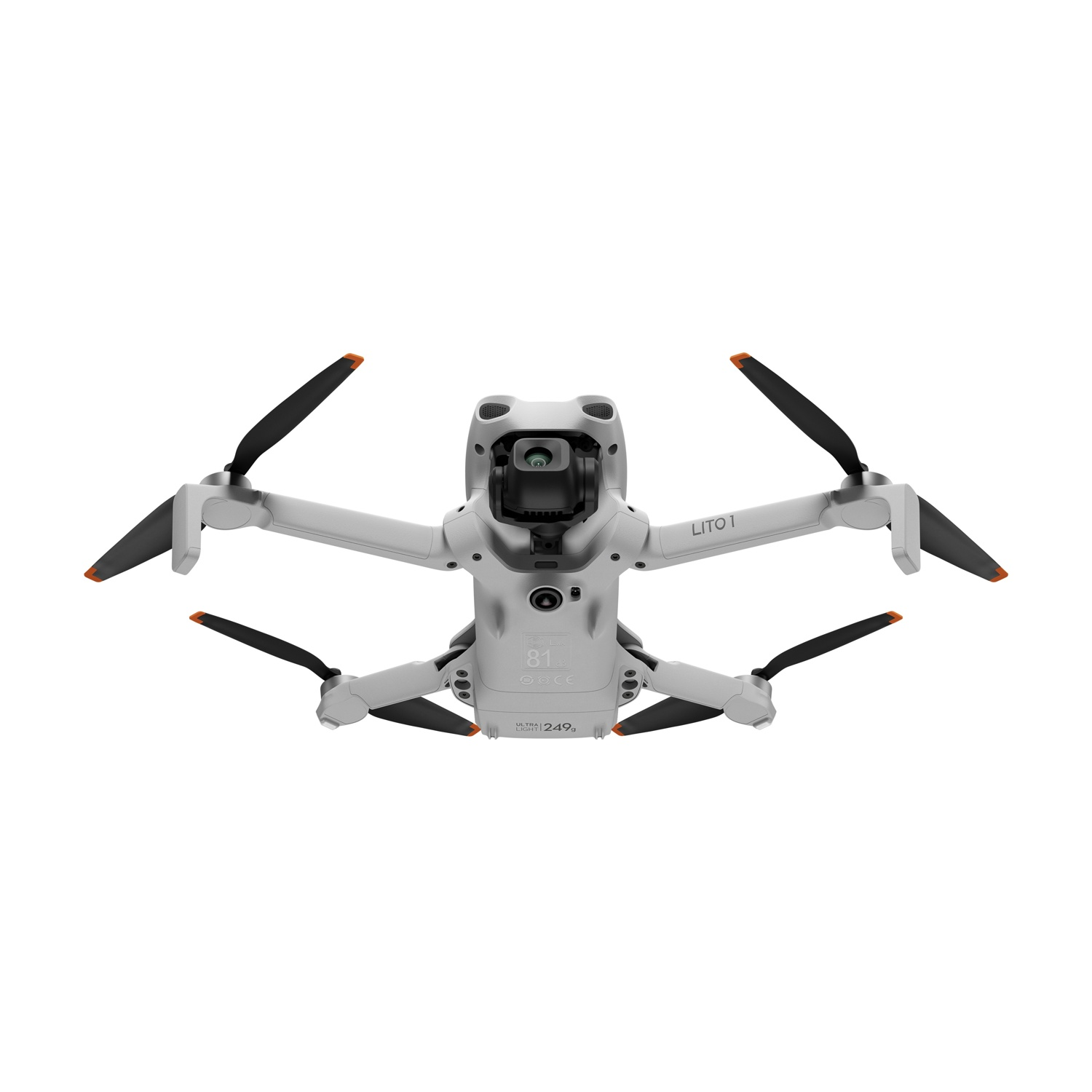 Un drone bianco con quattro eliche e una fotocamera al centro.