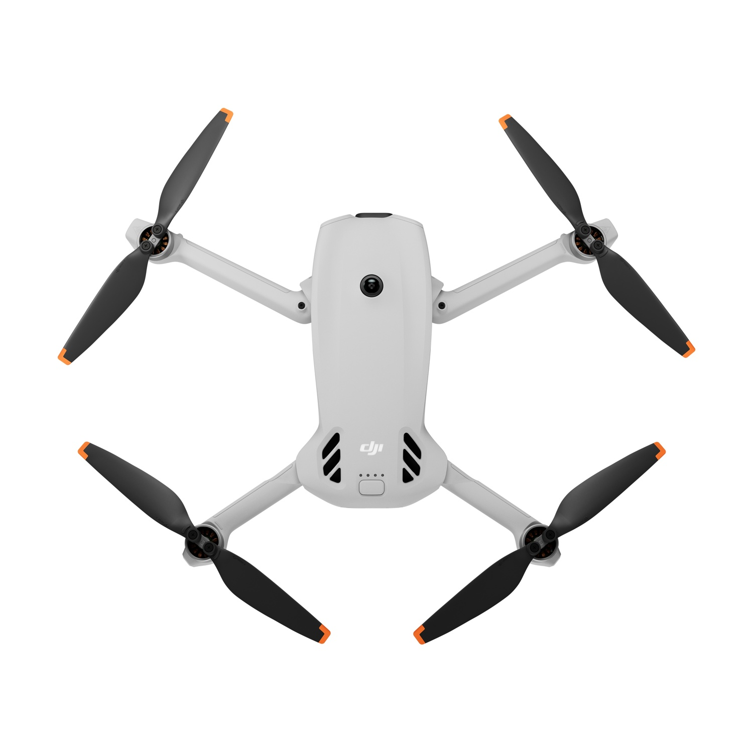 Un drone bianco con quattro eliche nere con punte arancioni.