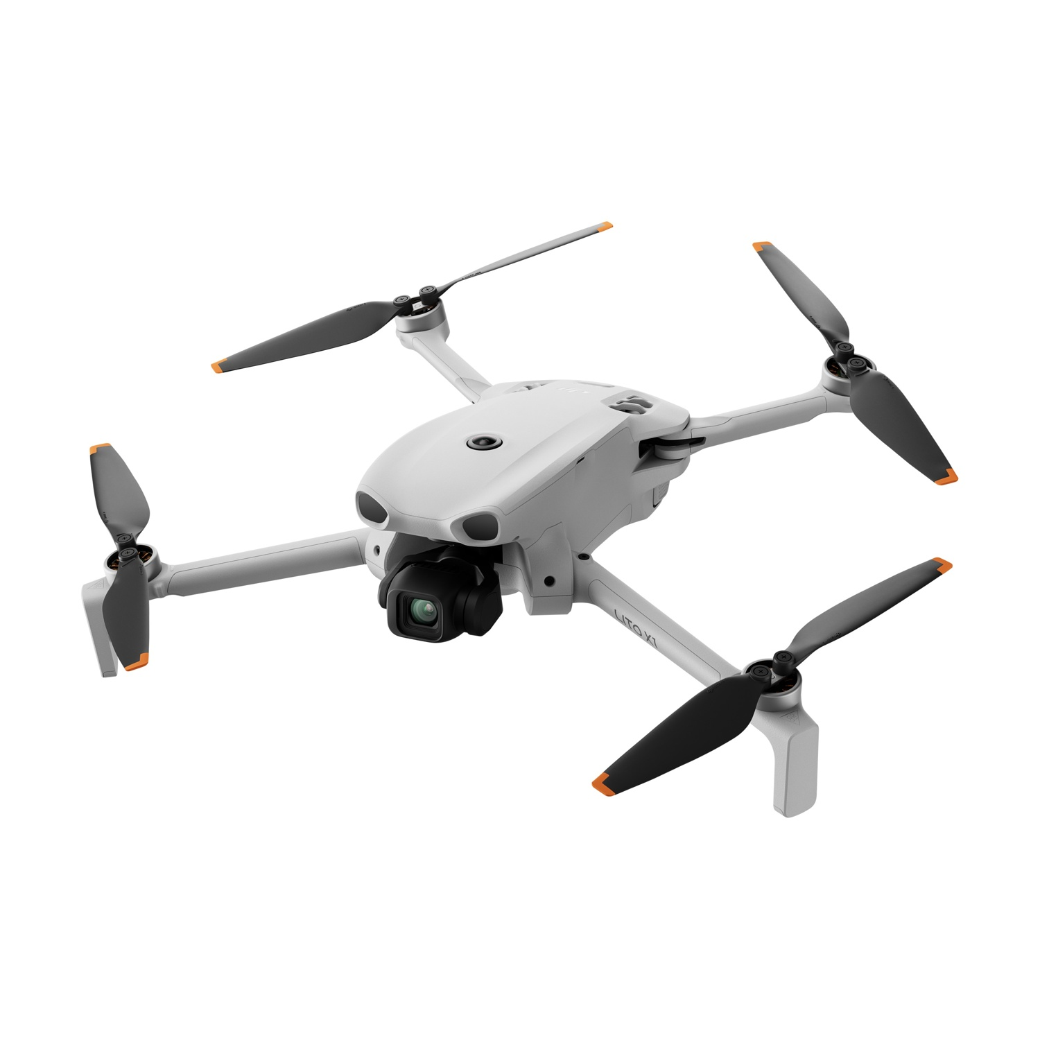 Un drone DJI Mini 3 Pro bianco con quattro eliche e una fotocamera.