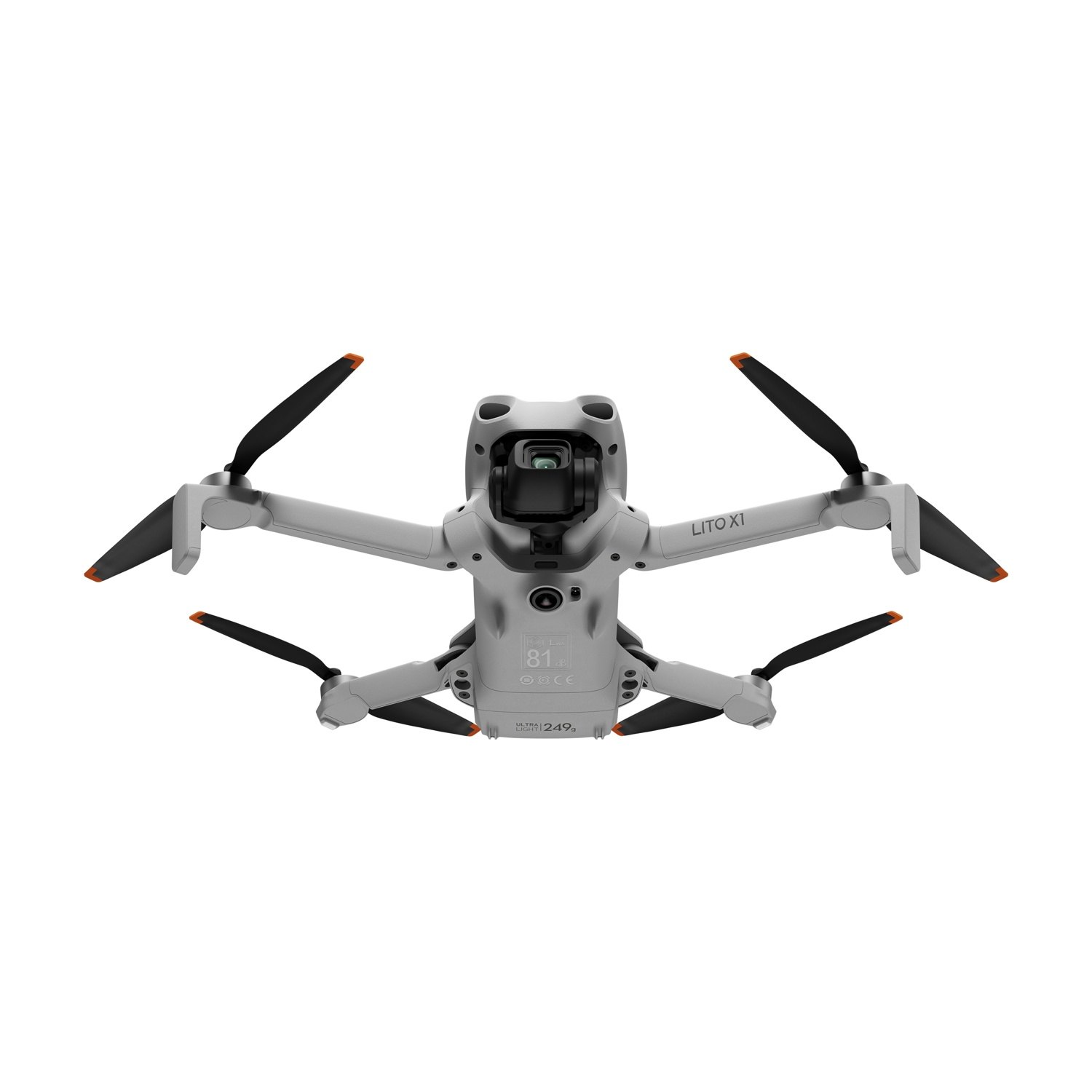 Un modello di drone grigio LITO X1 con quattro eliche e una telecamera.