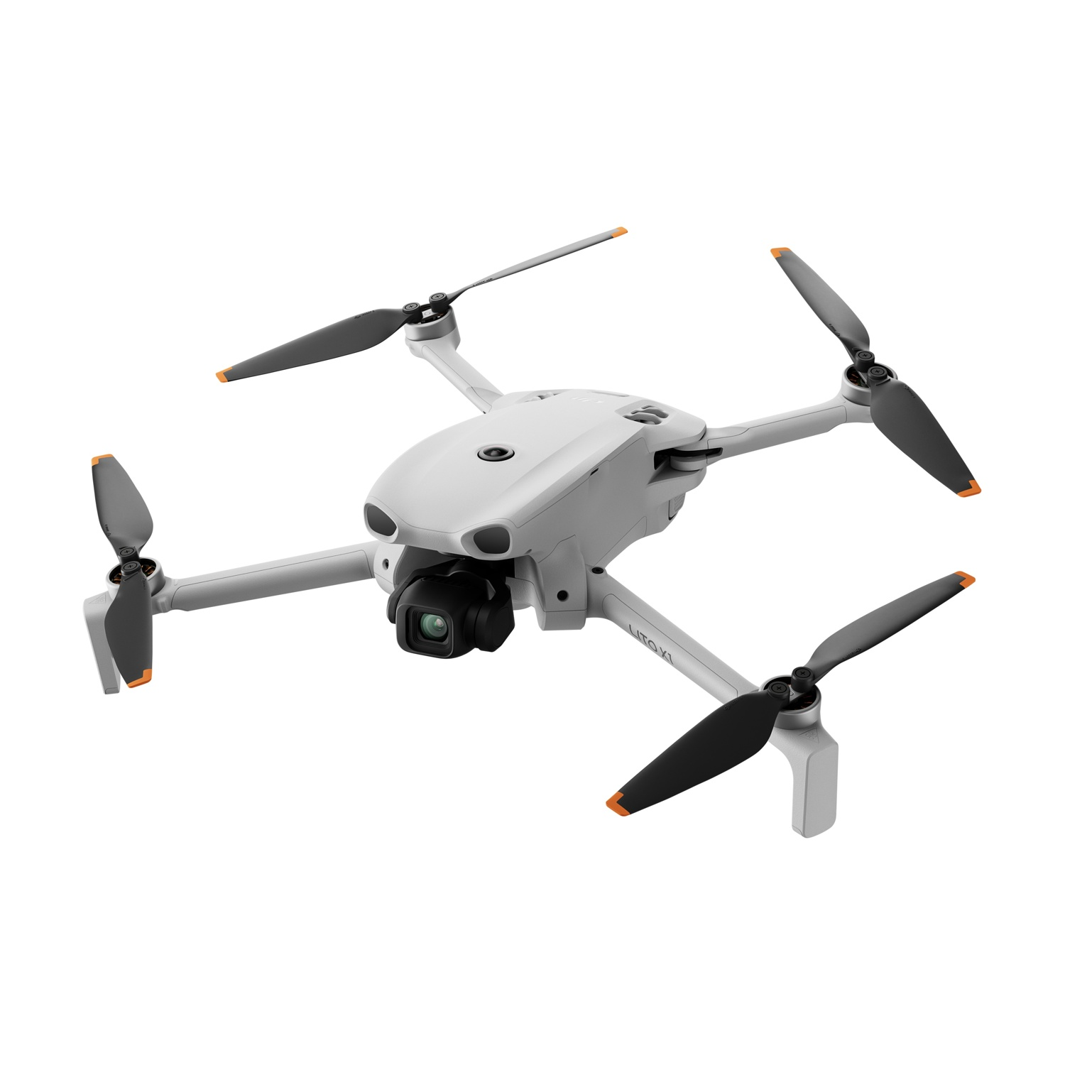 Un drone quadricottero grigio chiaro con telecamera nera e accenti arancioni sulle eliche.