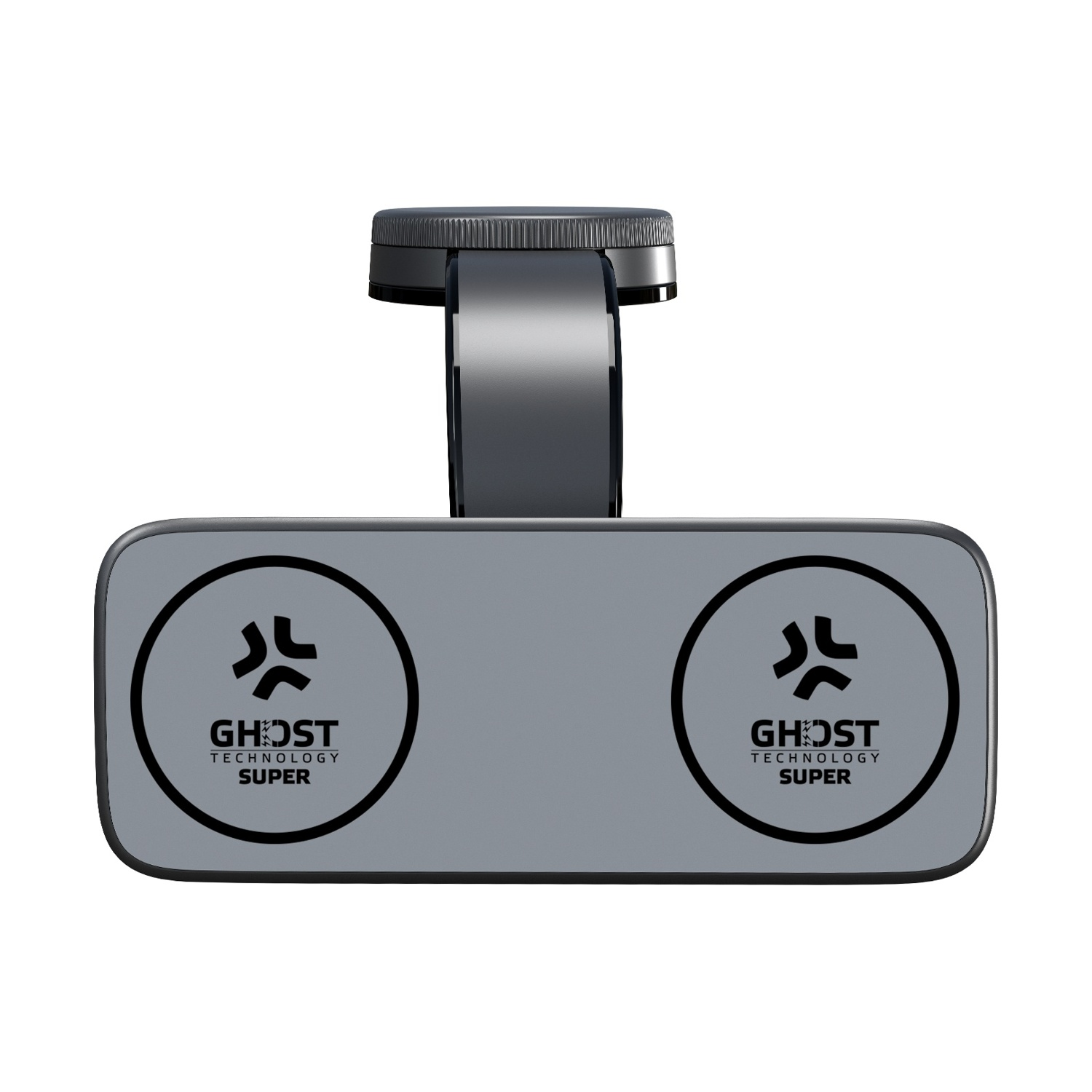 Dispositivo rettangolare grigio con due cerchi recanti il logo Ghost.