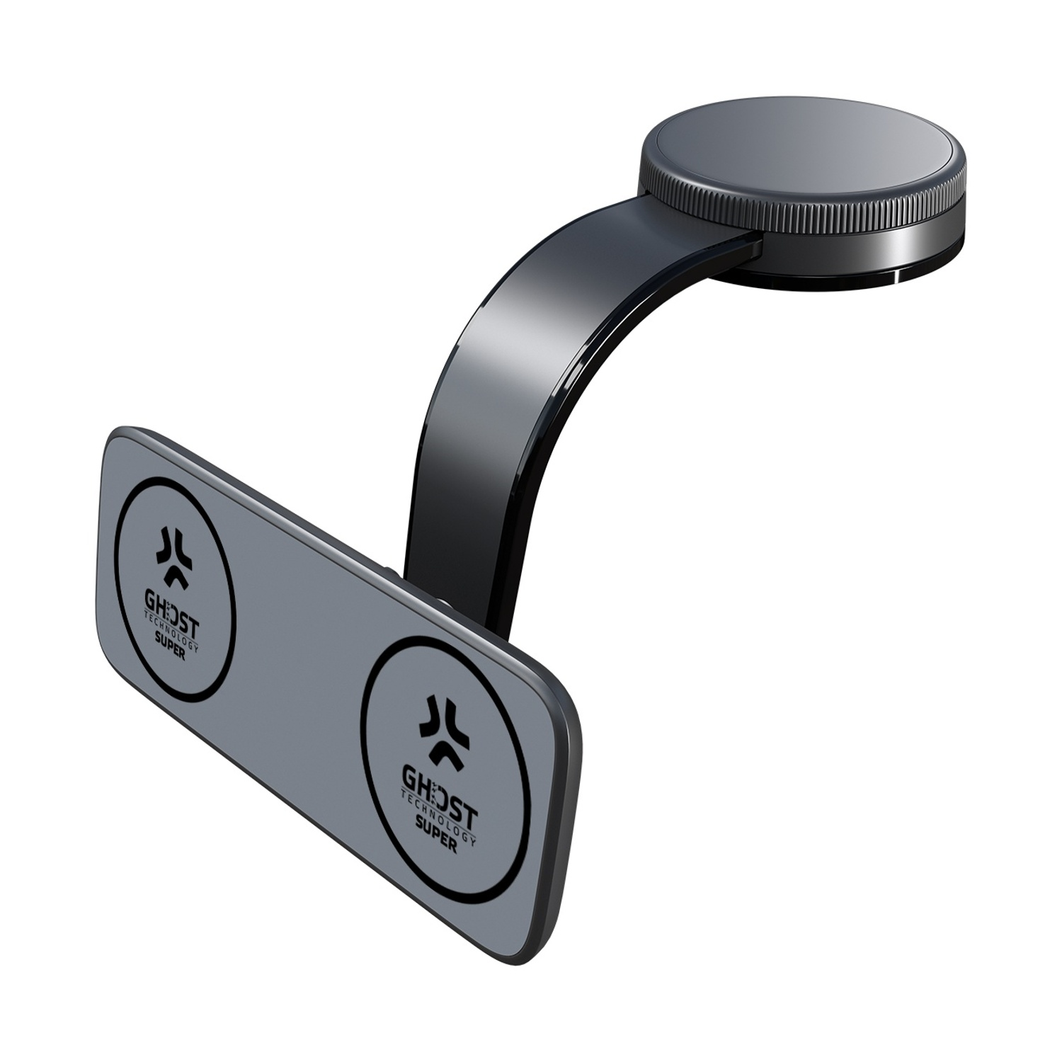Un supporto magnetico grigio con braccio curvo e testa rotonda.