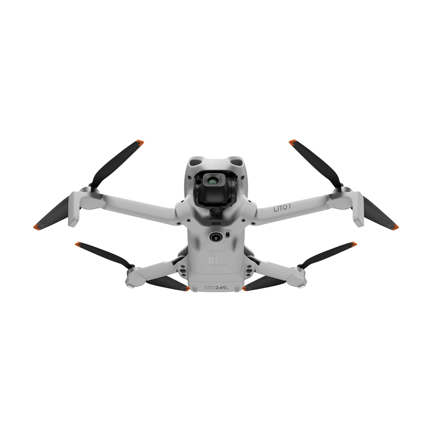 Un drone bianco con quattro eliche e fotocamera fluttua su sfondo bianco.