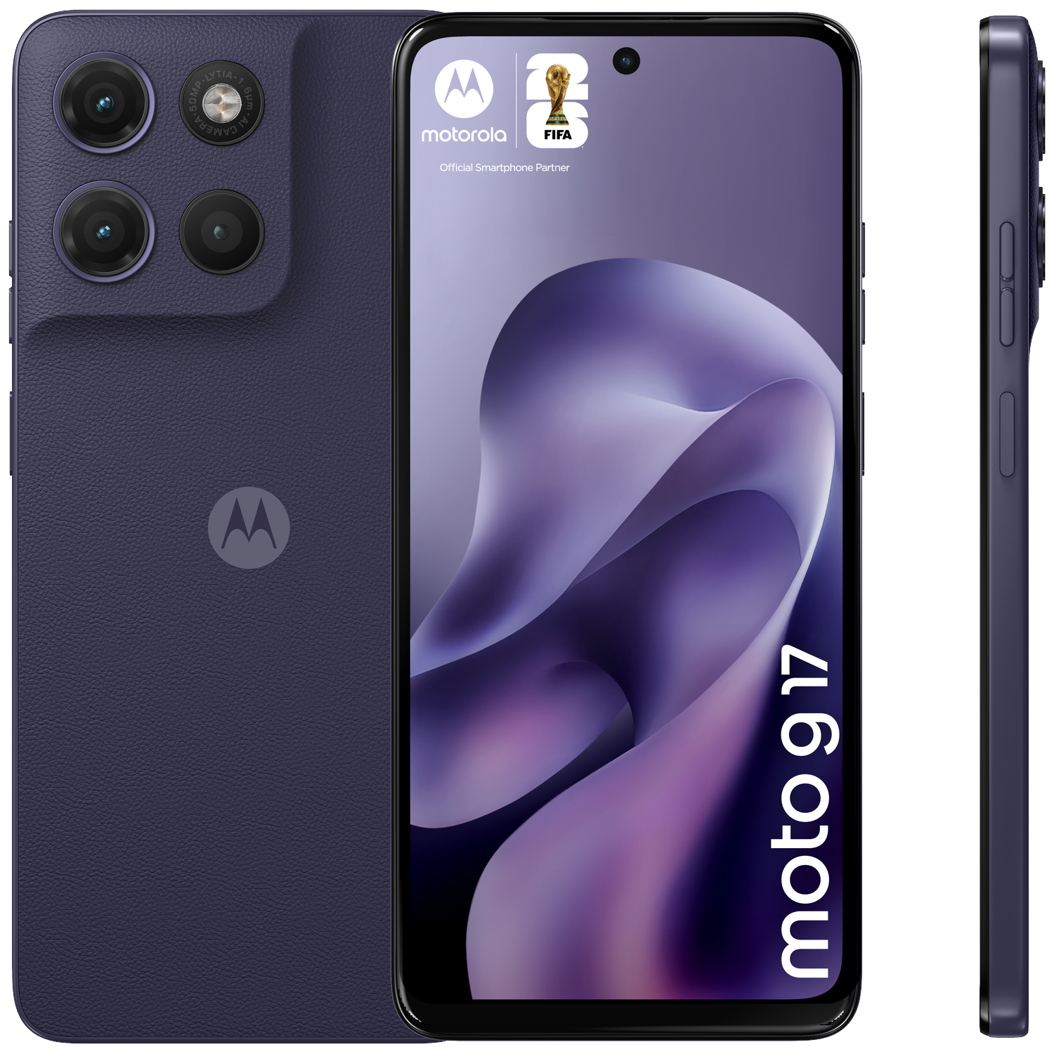 Een donkerpaarse Motorola telefoon met drie camera's en FIFA-logo op het scherm.