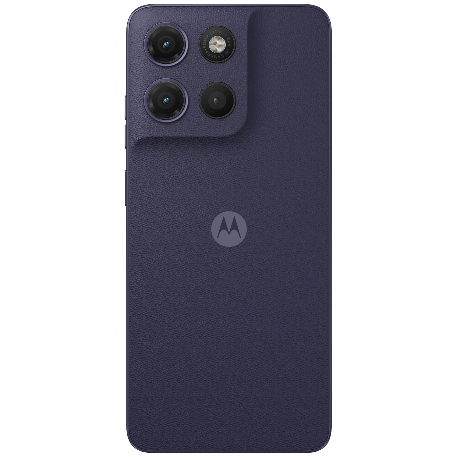 Paars Motorola telefoon achterkant met drie camera's en Motorola logo.