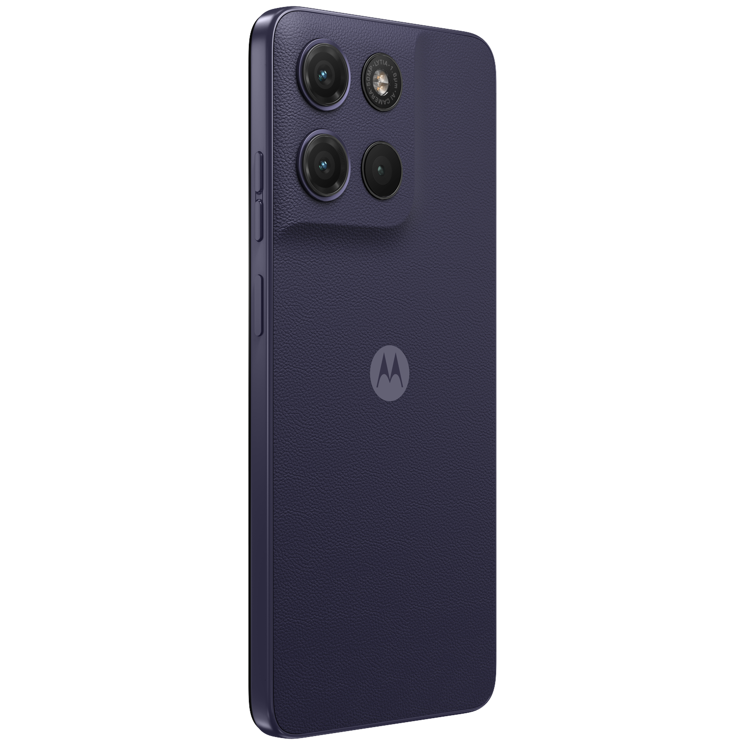 Donkerblauwe smartphone met drie camera's en Motorola-logo op zwarte achtergrond.