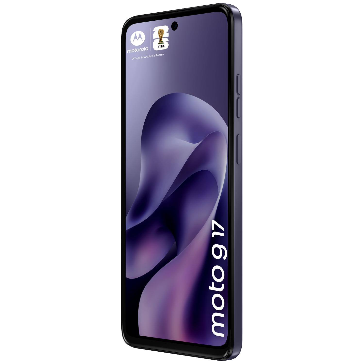 Een paarse Motorola Moto G17 smartphone met FIFA-logo en abstracte achtergrond.