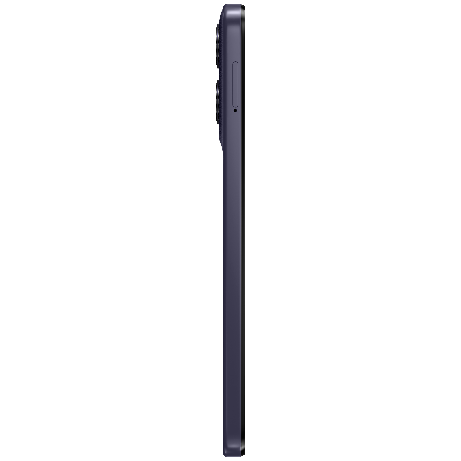 Donkergrijs smartphone in profiel met camera's en simkaartslot.