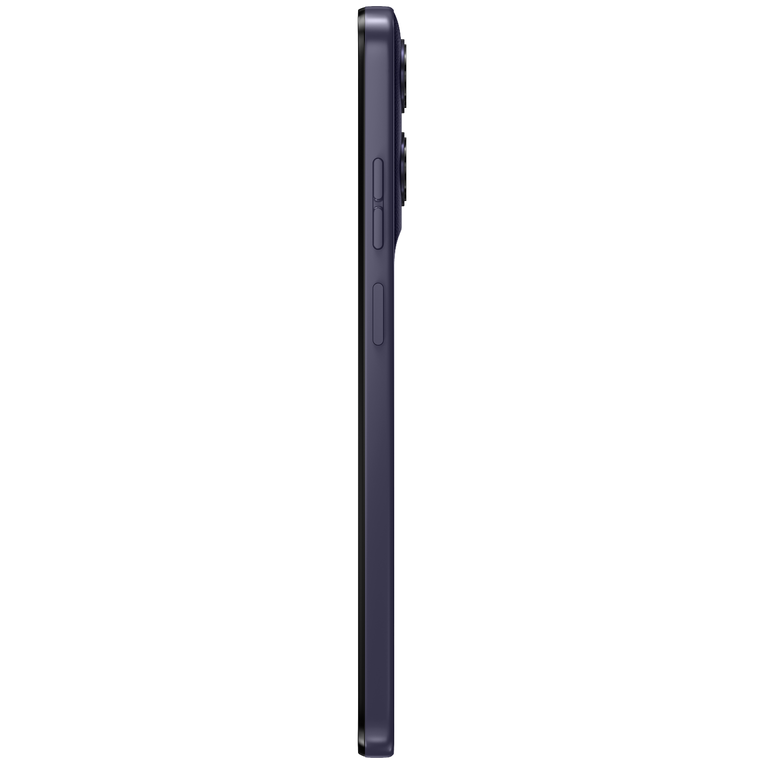 Donkerblauwe smartphone in profiel met zichtbare knoppen en cameralenzen.