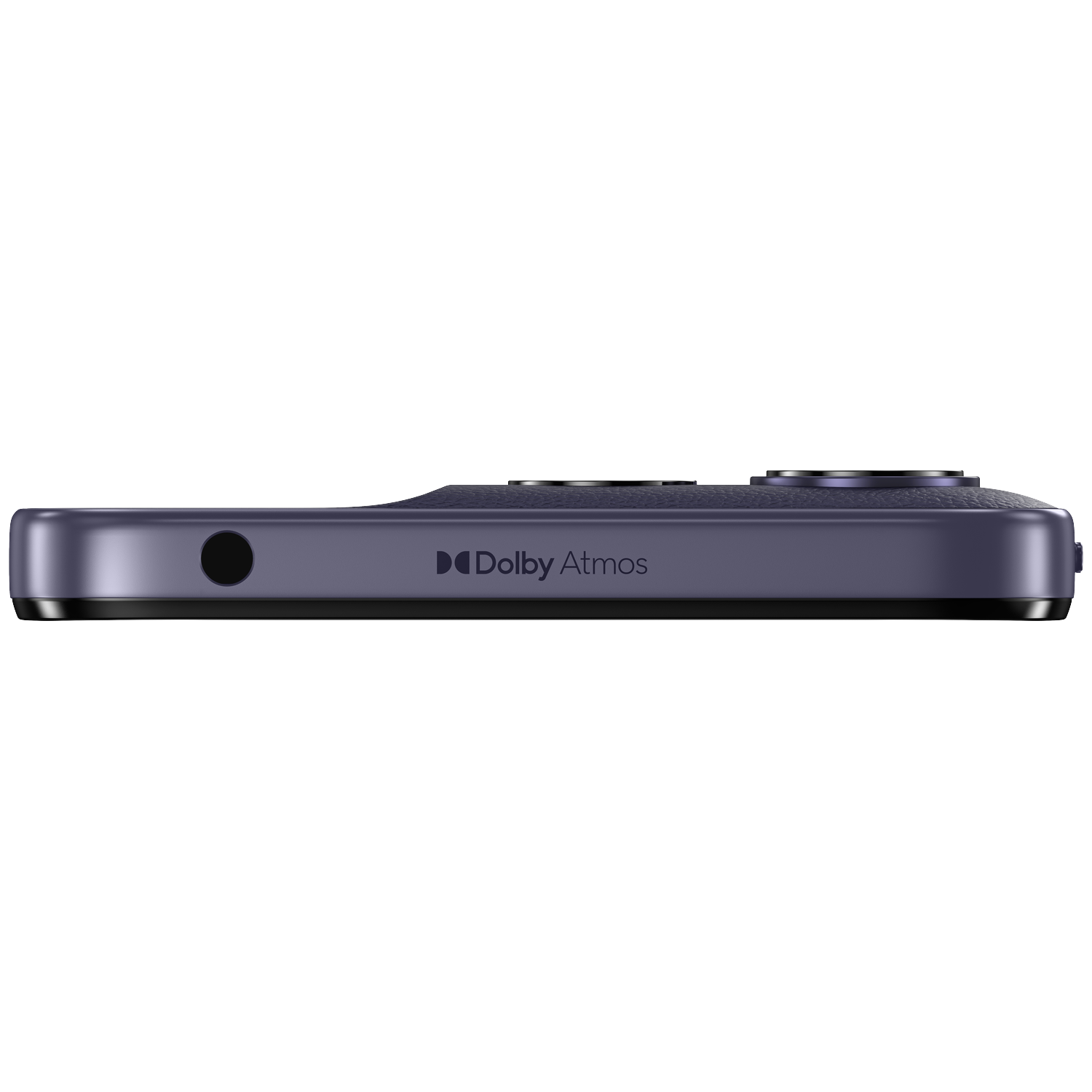 Donkerblauw smartphone met Dolby Atmos logo en koptelefoonaansluiting.
