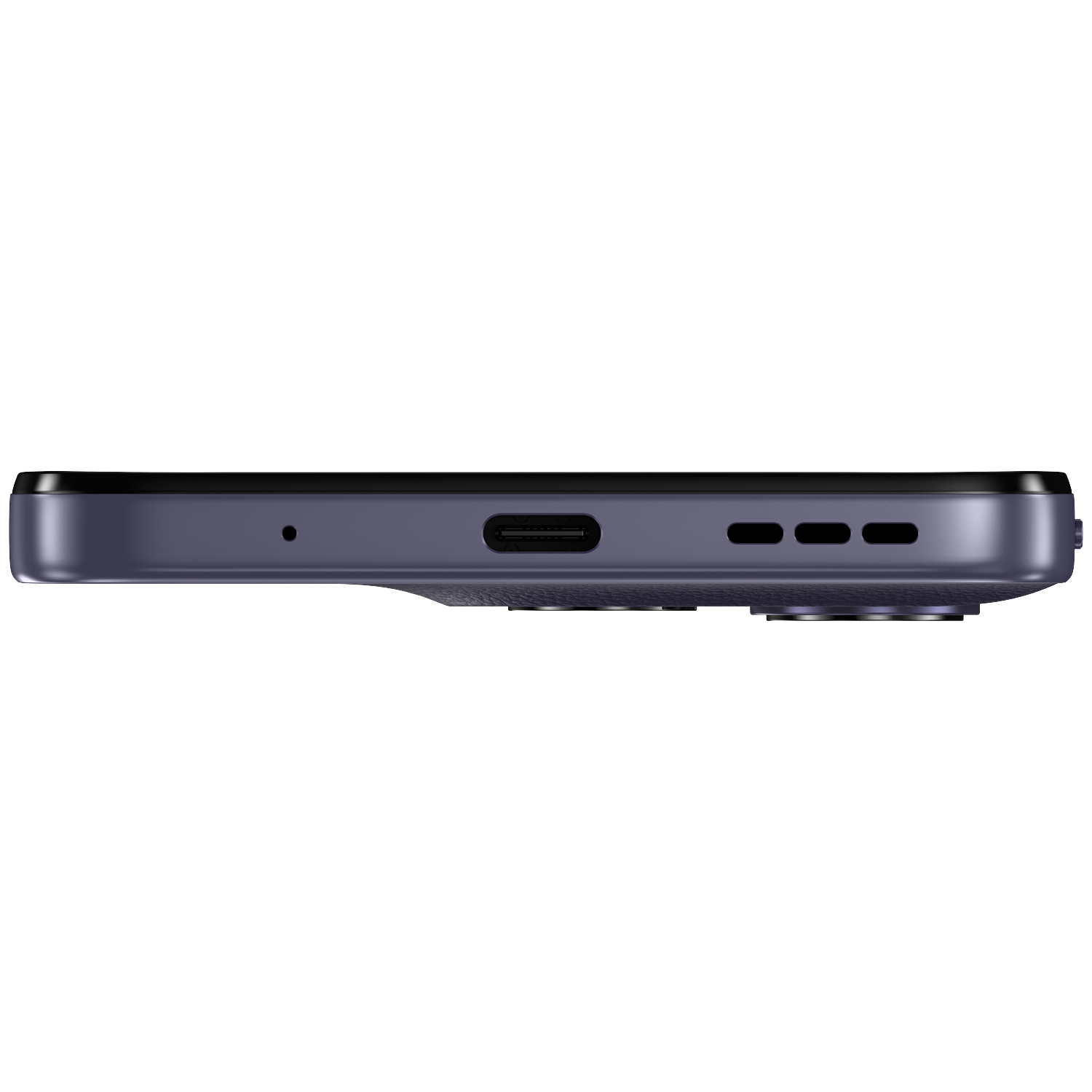 Zijaanzicht van een paarse smartphone met USB-C-poort en luidsprekerroosters.