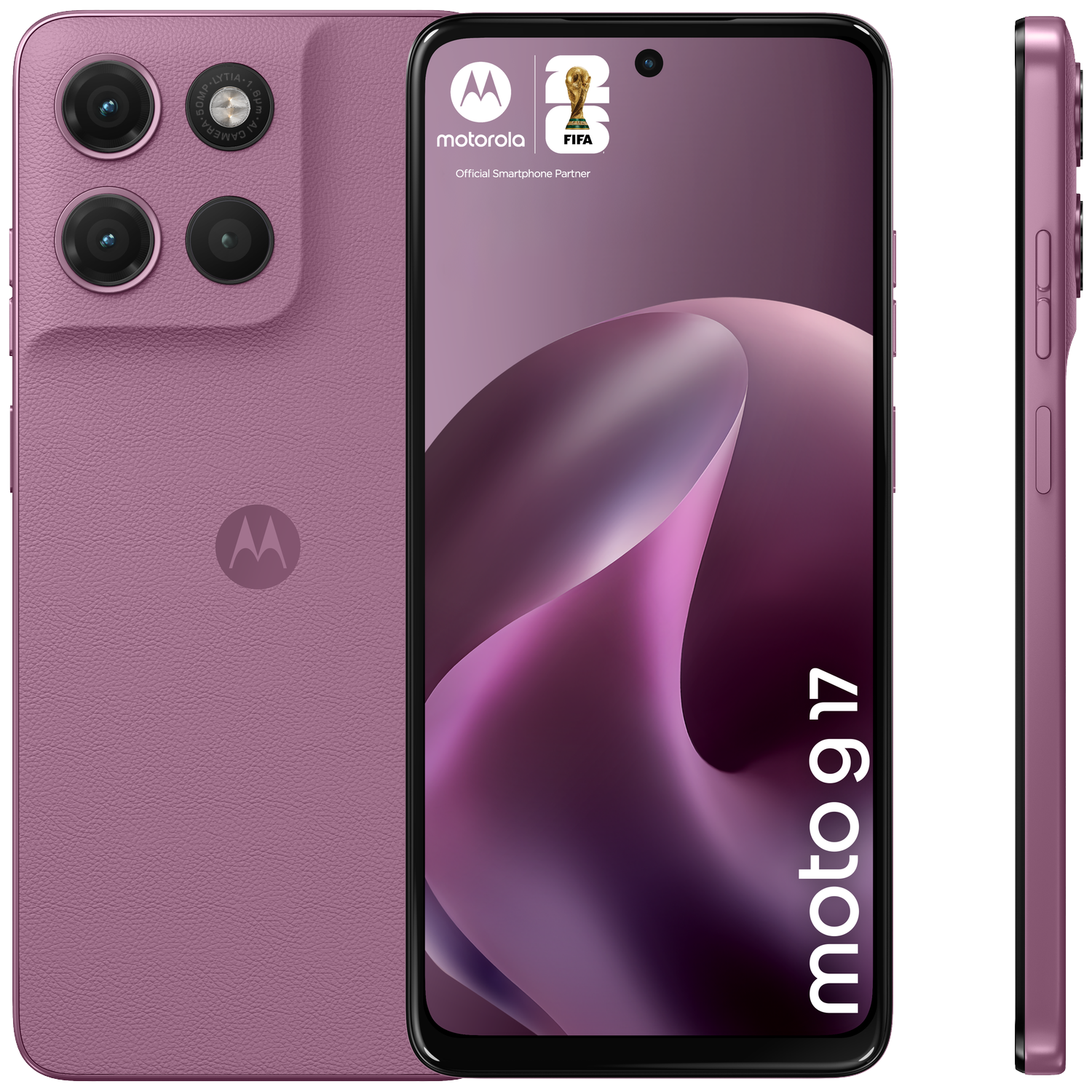 A purple Motorola Moto G17 smartphone shown from the front, back, and side.
