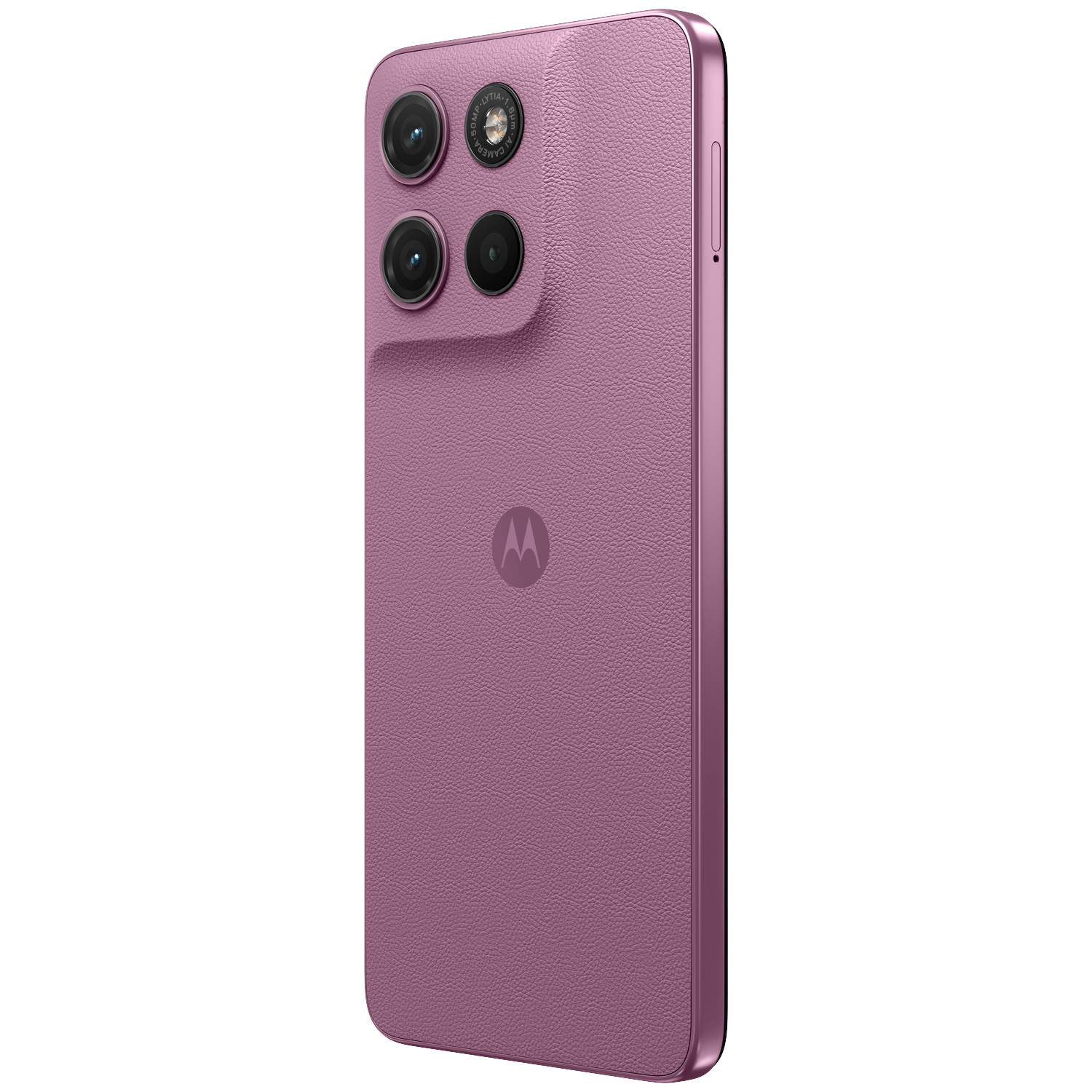 A pink Motorola smartphone with a textured back and triple camera setup is shown.