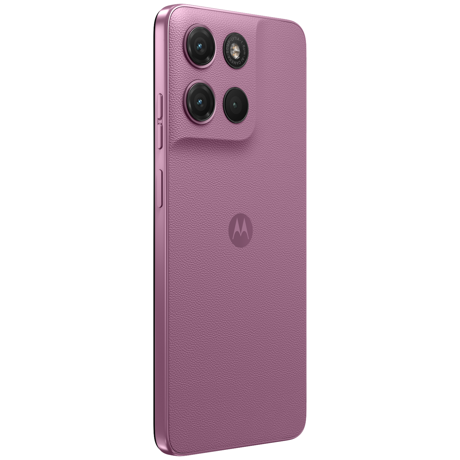A purple smartphone with three cameras and a Motorola logo on the back.