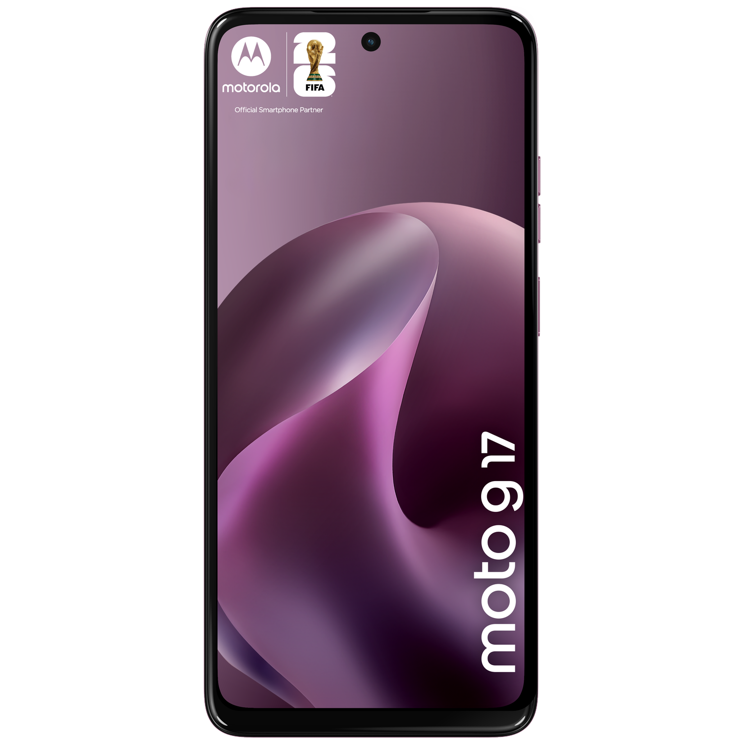 A Motorola Moto G17 smartphone featuring FIFA logo and purple wave pattern.
