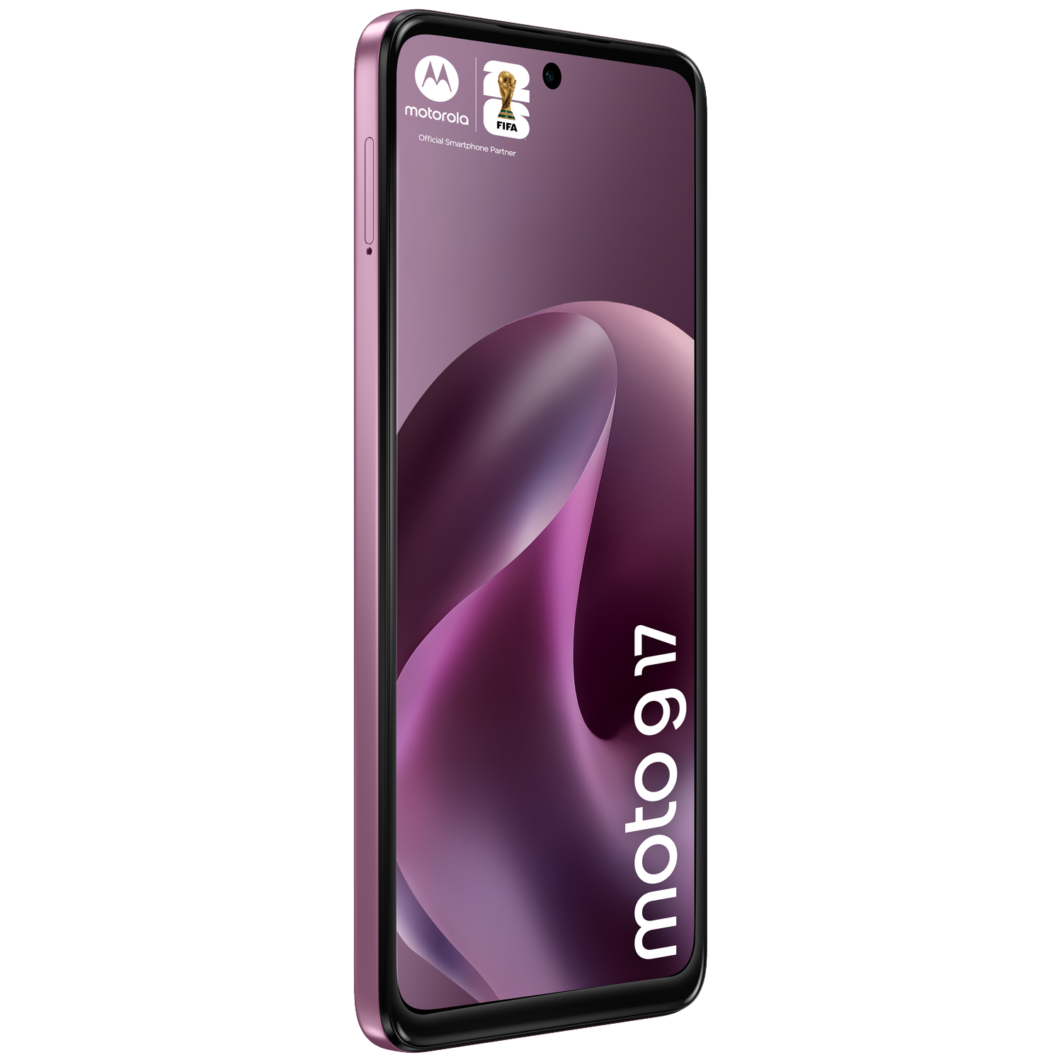 A pink Motorola Moto G 17 smartphone with a FIFA logo.