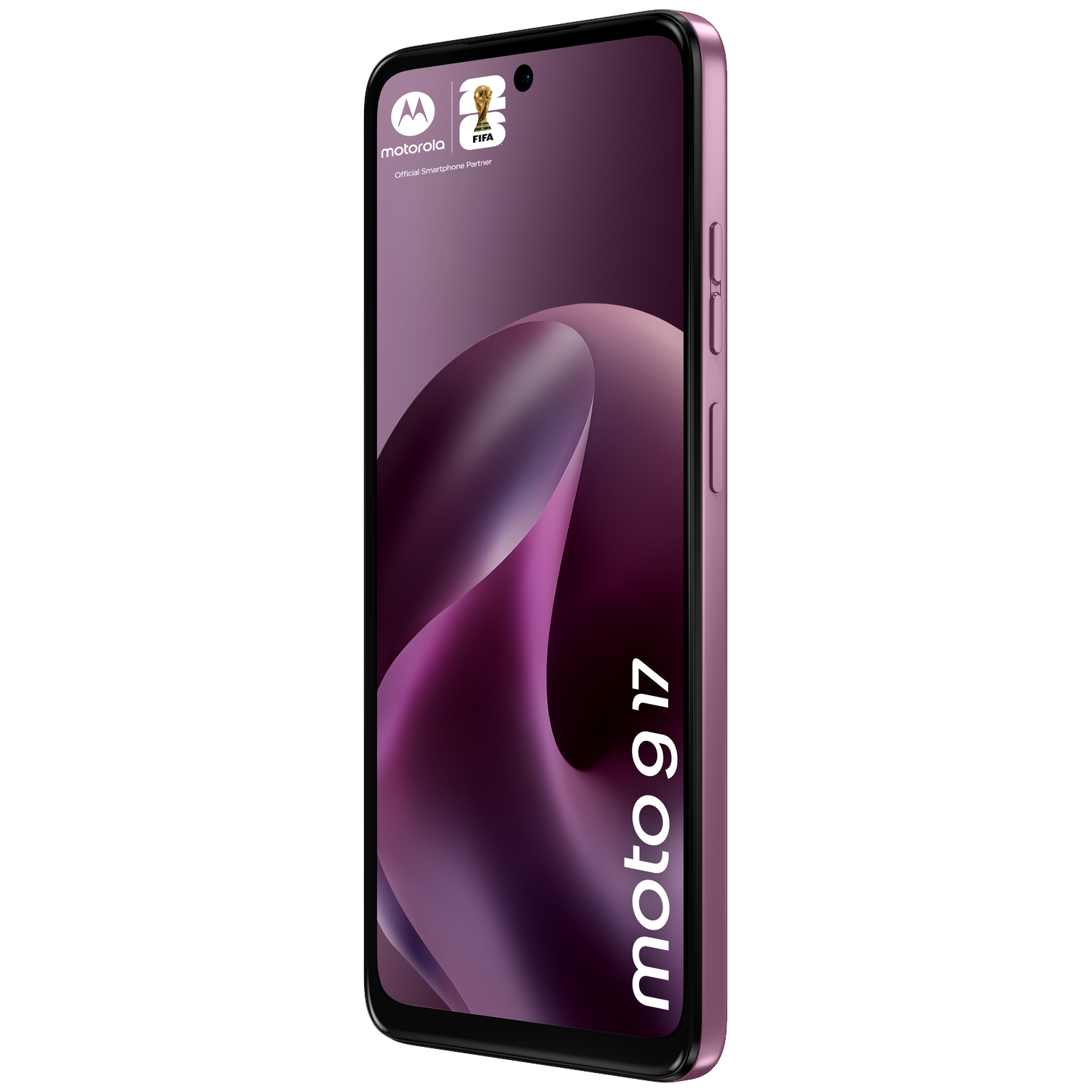 A pink Motorola Moto G 17 smartphone with FIFA logo and wave pattern.