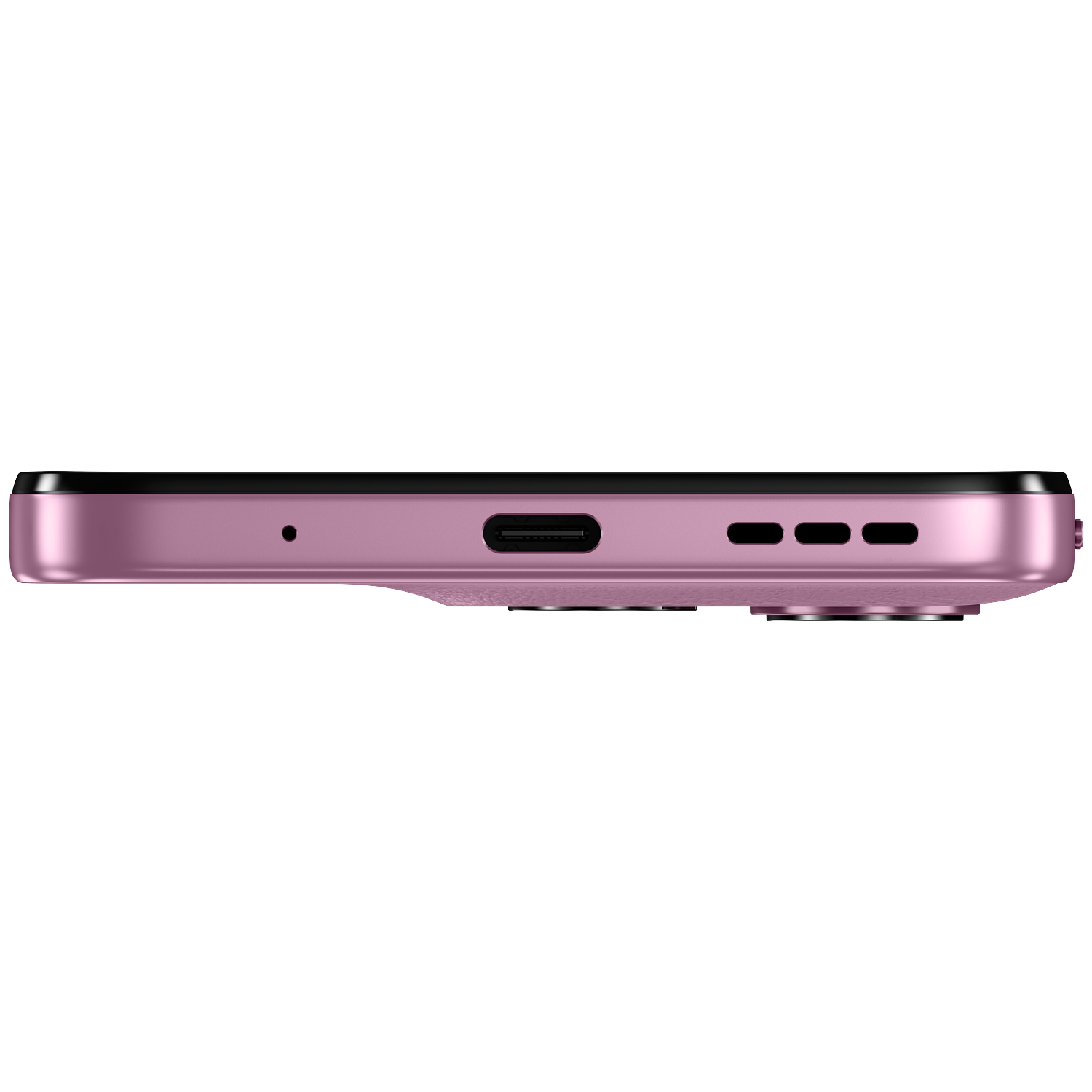 Pink smartphone side edge showing USB-C port and speaker grilles.
