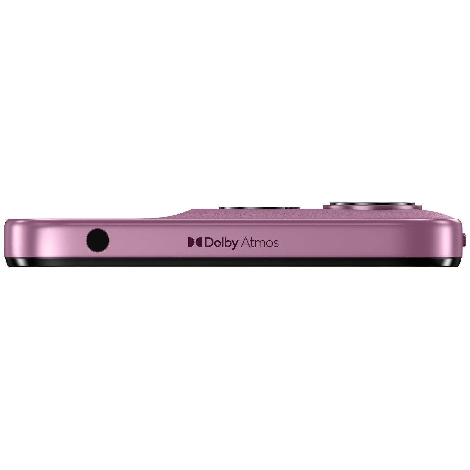 A pink smartphone featuring the Dolby Atmos logo and headphone jack.