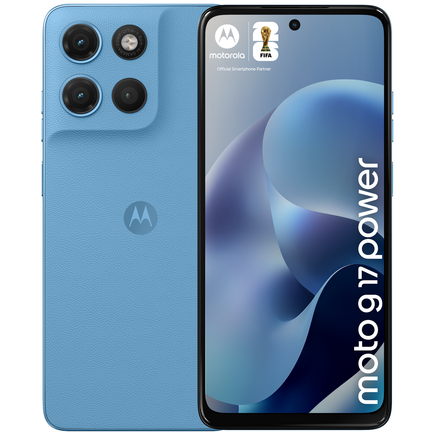 Een blauwe Motorola Moto G Power smartphone met drie camera's aan de achterkant.