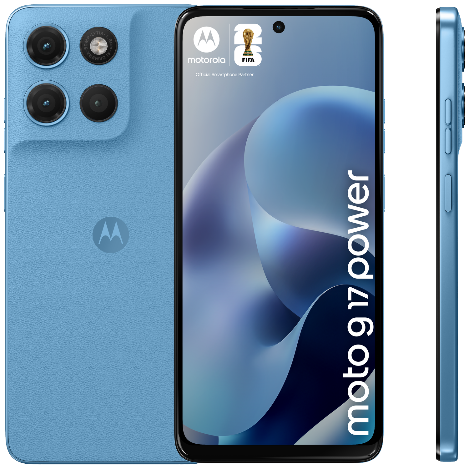 Blauwe Motorola telefoon met drie camera's achter en FIFA-logo op scherm.